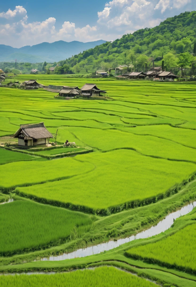 paddy，rural area，Pastoral scenery，spring landscape