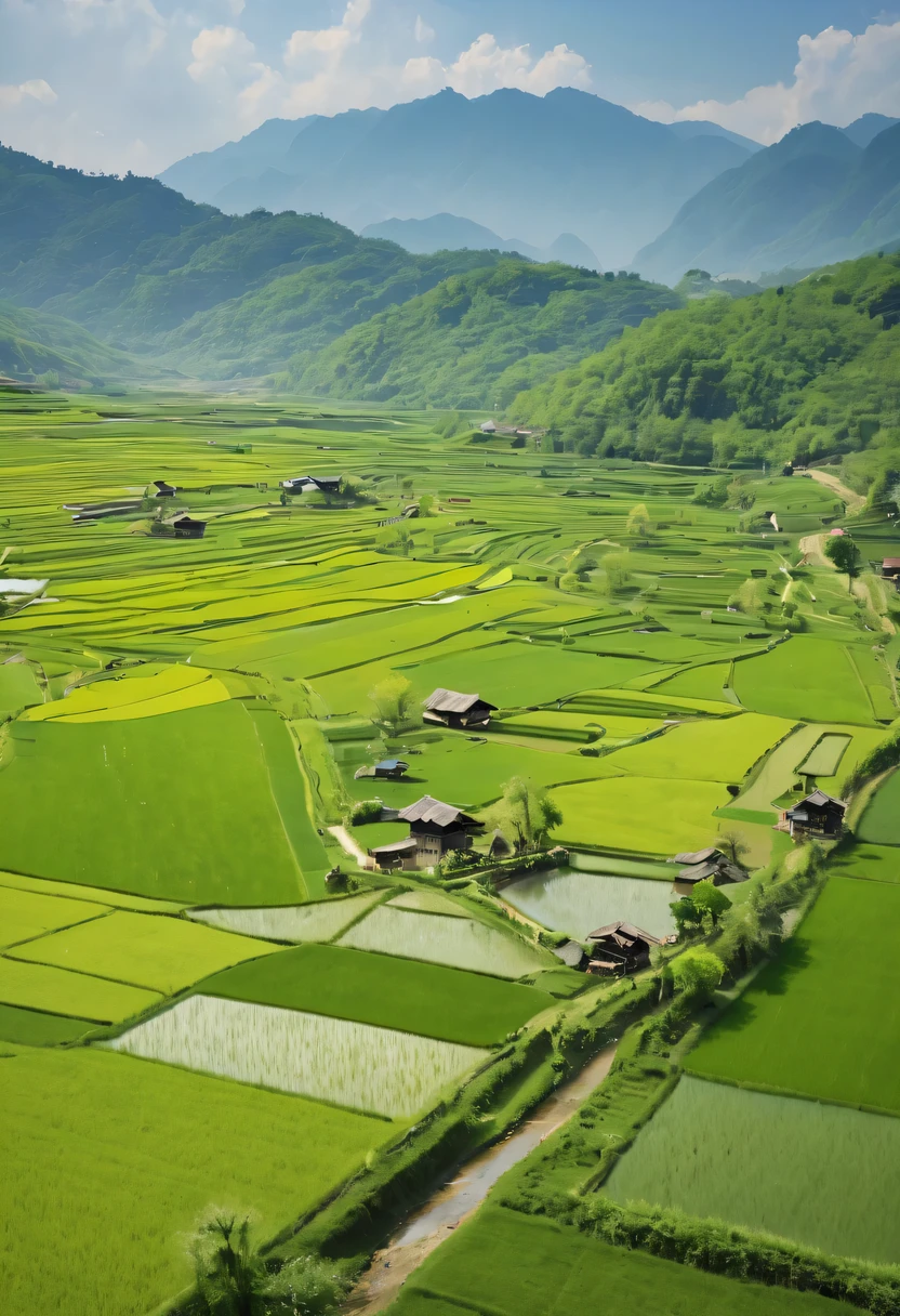 paddy，rural area，Pastoral scenery，spring landscape