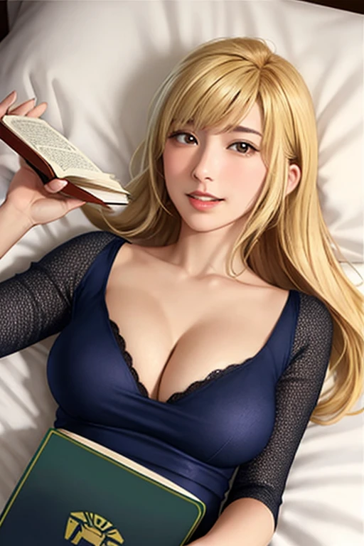 (samus_aran:1.00), (1girl:1.000), (lips:0.792), (bangs:0.853), (blonde_hair:0.970), (blush:0.876), (breasts:0.924), (large_breasts:0.789), (long_hair:0.972), (looking_at_object:0.896), (smile:0.777), (lying:0.917), (on_back:0.990), (on_bed:0.990), reading, holding book, (realistic:0.990), (parted_lips:0.990), (solo:0.981),