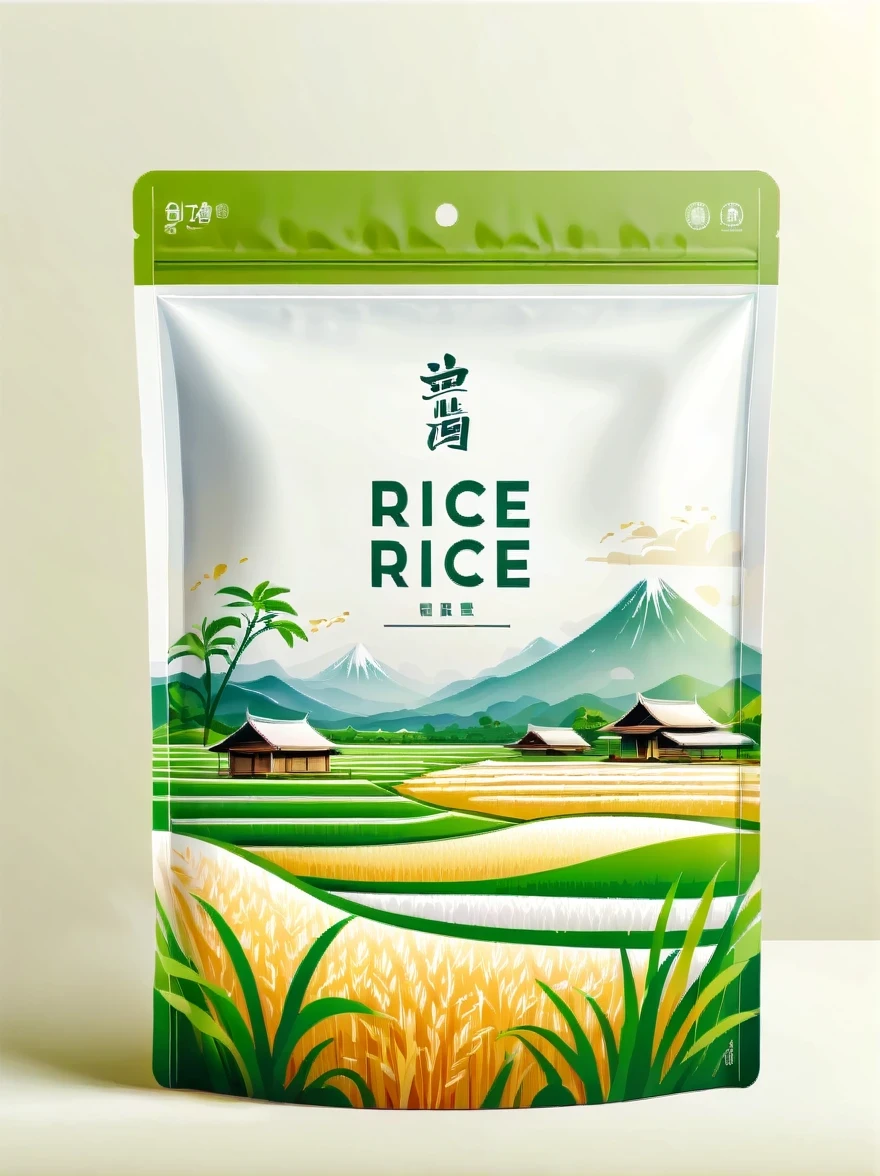 Modern packaging design, 1 rice field product packaging bag，Flat rice field landscape，Full of nutrition，simple white background，HD resolution，simple style，actual，Natural light, Glossy plastic packaging bag