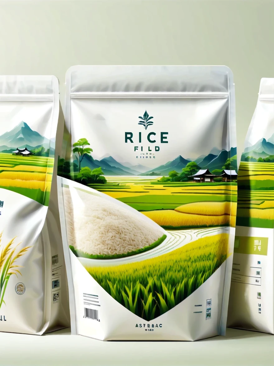 Modern packaging design, 1 rice field product packaging bag，Flat rice field landscape，Full of nutrition，simple white background，HD resolution，simple style，actual，Natural light, Glossy plastic packaging bag