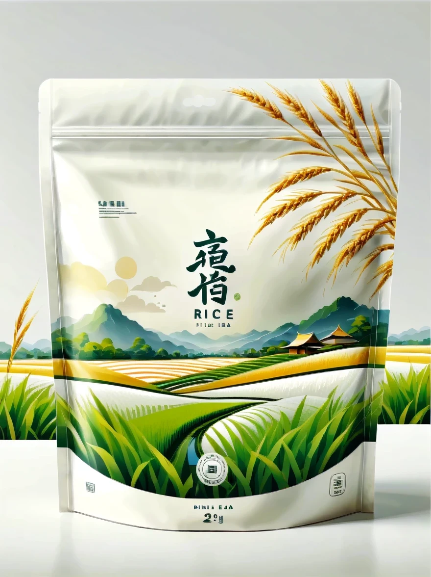 Modern packaging design, 1 rice field product packaging bag,Flat rice field landscape,Full of nutrition,simple white background,HD resolution,simple style,actual,Natural light, Glossy plastic packaging bag