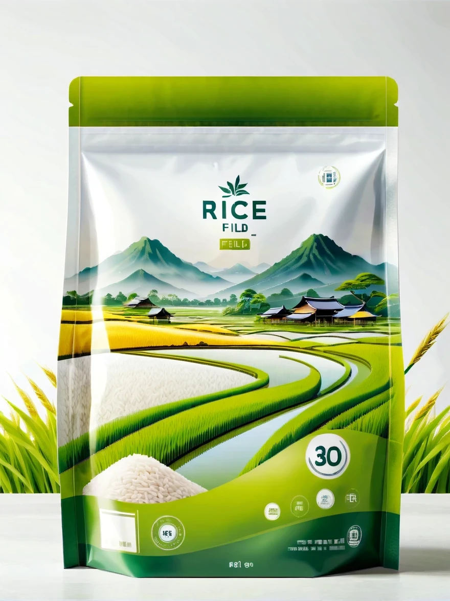 Modern packaging design, 1 rice field product packaging bag,Flat rice field landscape,Full of nutrition,simple white background,HD resolution,simple style,actual,Natural light, Glossy plastic packaging bag