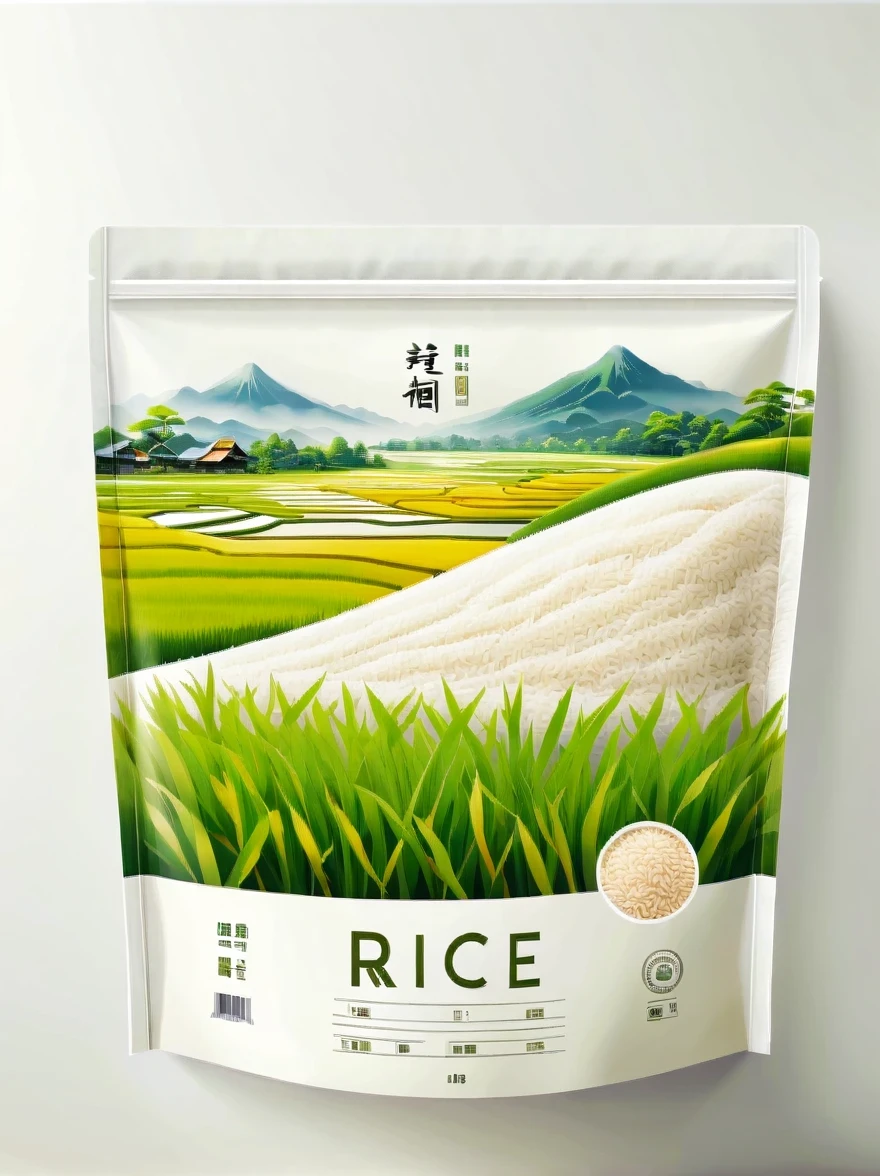 Modern packaging design, 1 rice field product packaging bag,Flat rice field landscape,Full of nutrition,simple white background,HD resolution,simple style,actual,Natural light, Glossy plastic packaging bag