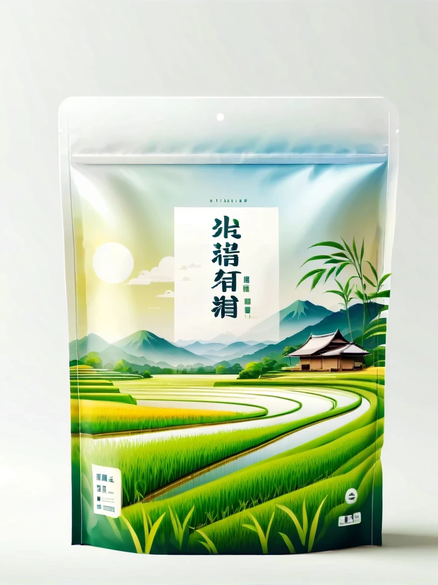 Modern packaging design, 1 rice field product packaging bag，Flat rice field landscape，Full of nutrition，simple white background，HD resolution，simple style，actual，Natural light, Glossy plastic packaging bag