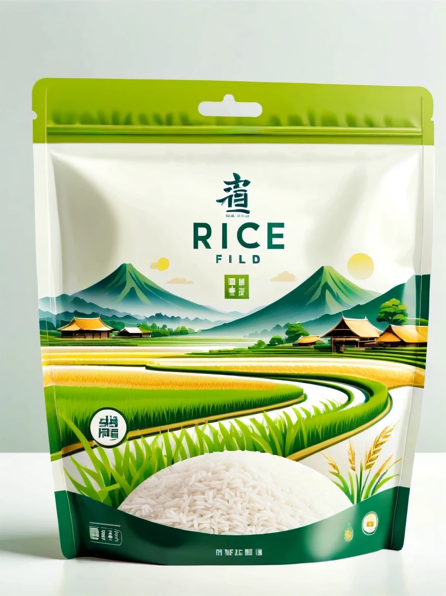 Modern packaging design, 1 rice field product packaging bag，Flat rice field landscape，Full of nutrition，simple white background，HD resolution，simple style，actual，Natural light, Glossy plastic packaging bag