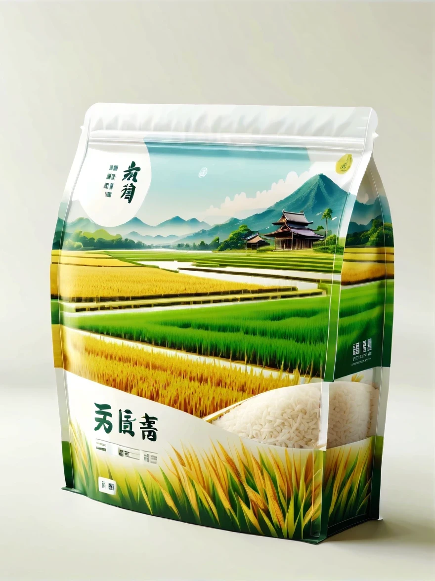 Modern packaging design, 1 rice field product packaging bag，Flat rice field landscape，Full of nutrition，simple white background，HD resolution，simple style，actual，Natural light, Glossy plastic packaging bag