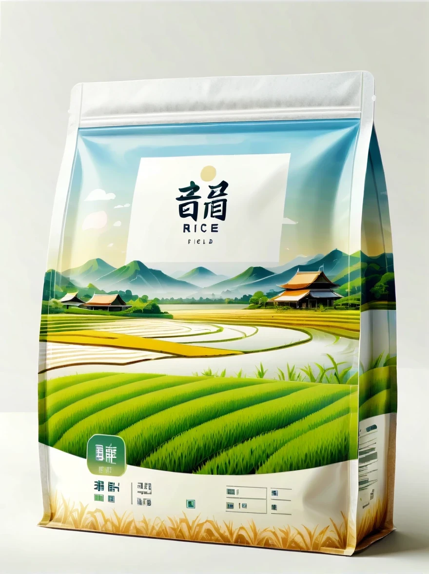Modern packaging design, 1 rice field product packaging bag,Flat rice field landscape,Full of nutrition,simple white background,HD resolution,simple style,actual,Natural light, Glossy plastic packaging bag