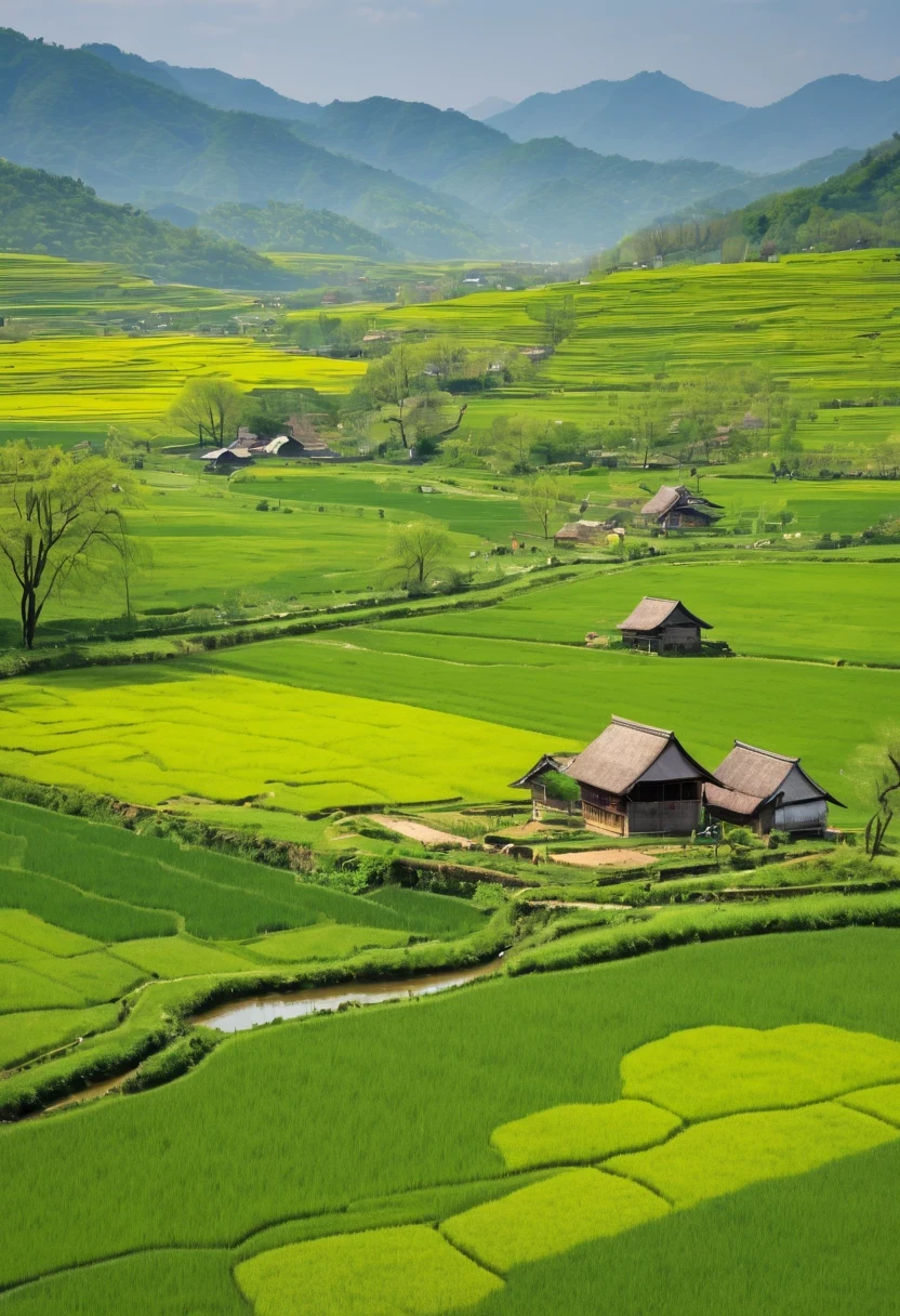 paddy，rural area，Pastoral scenery，spring landscape