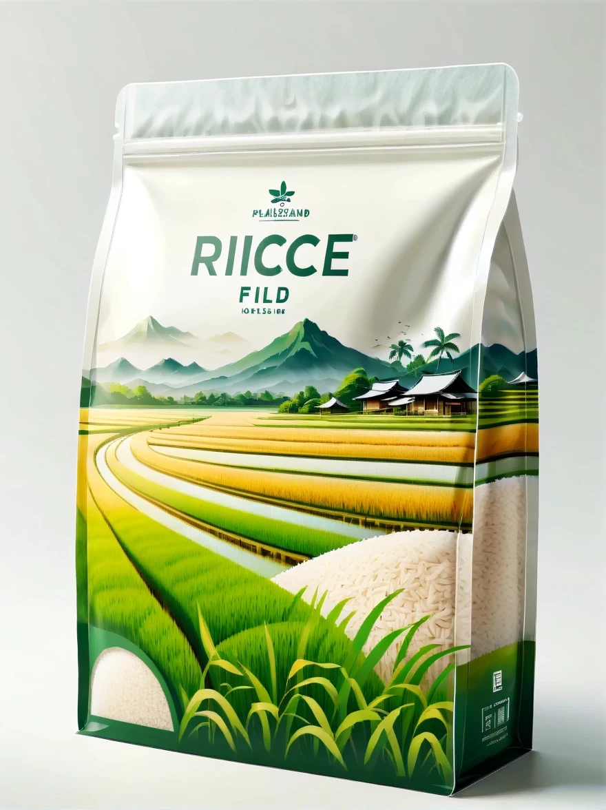 Modern packaging design, 1 rice field product packaging bag，Flat rice field landscape，Full of nutrition，simple white background，HD resolution，simple style，actual，Natural light, Glossy plastic packaging bag