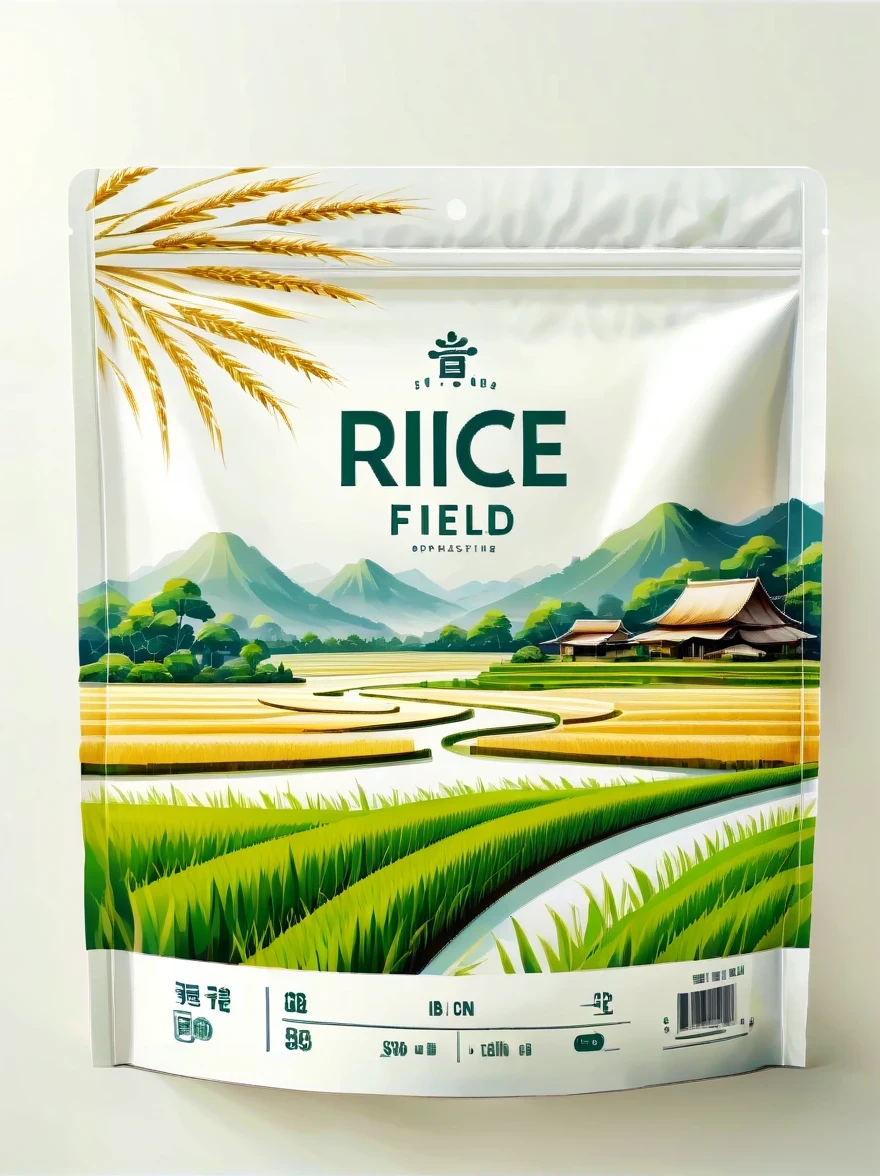 Modern packaging design, 1 rice field product packaging bag，Flat rice field landscape，Full of nutrition，simple white background，HD resolution，simple style，actual，Natural light, Glossy plastic packaging bag