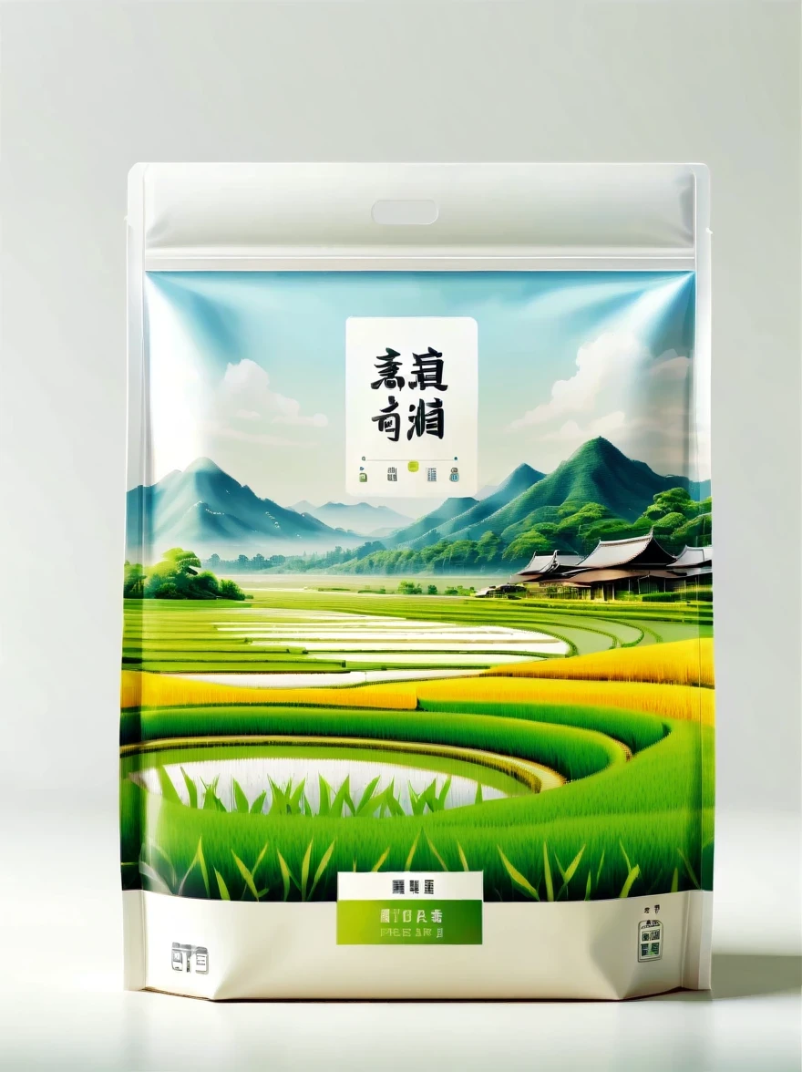 Modern packaging design, 1 rice field product packaging bag,Flat rice field landscape,Full of nutrition,simple white background,HD resolution,simple style,actual,Natural light, Glossy plastic packaging bag