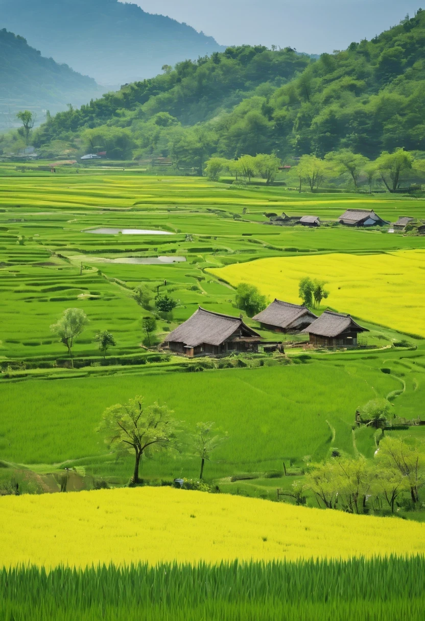 paddy，rural area，Pastoral scenery，spring landscape
