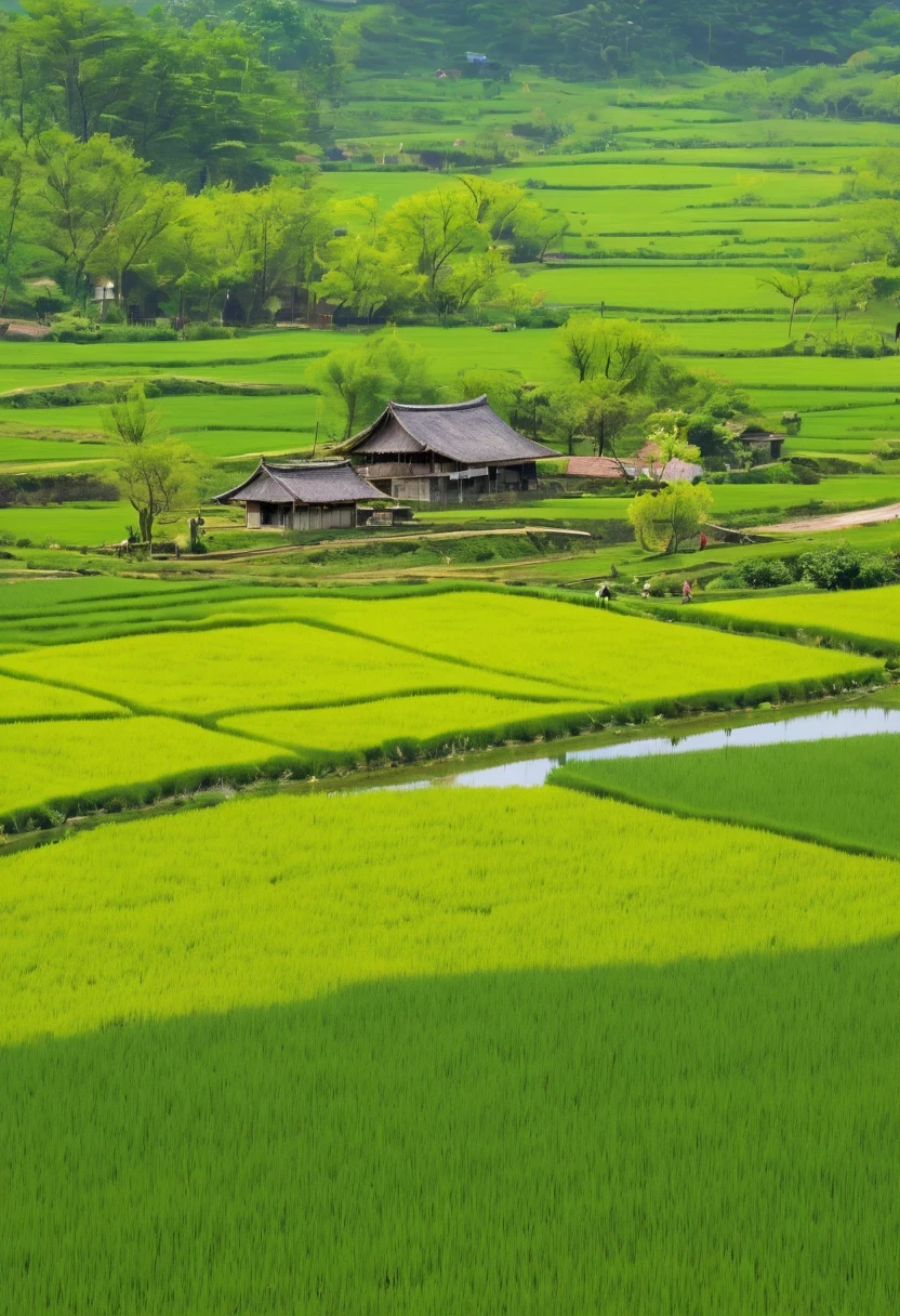 paddy，rural area，Pastoral scenery，spring landscape