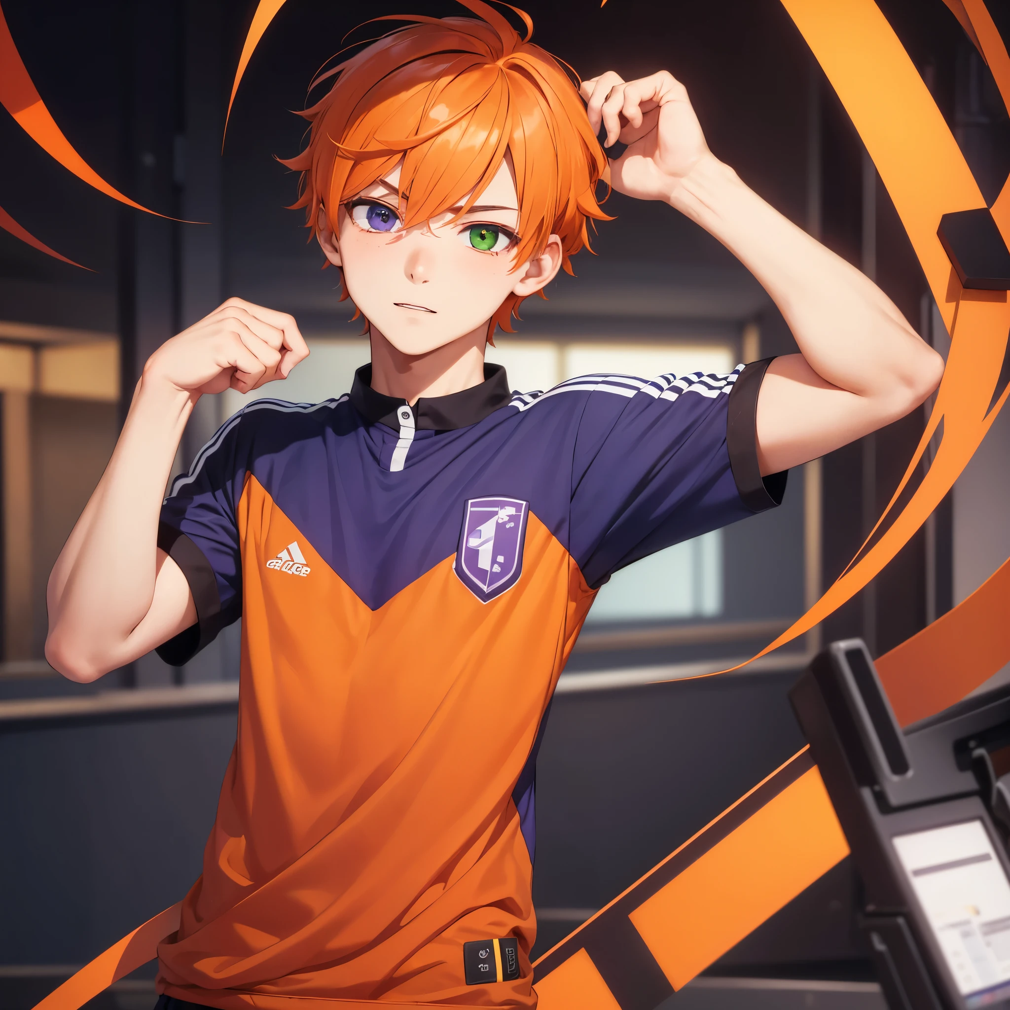 (1boy,masculino,(alone),orange hair),soccer uniform , heterochromia , one eye green , one eye purple