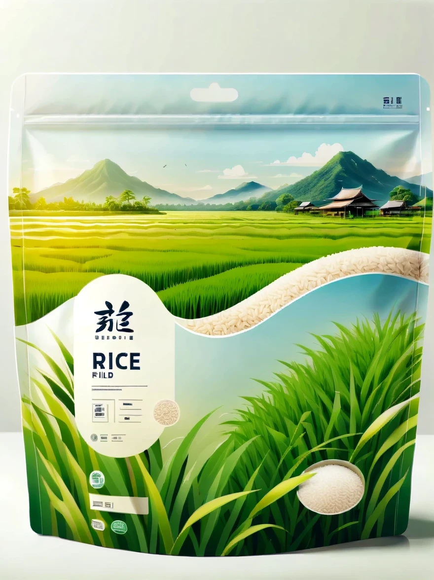 Modern packaging design, 1 rice field product packaging bag,Flat rice field landscape,Full of nutrition,simple white background,HD resolution,simple style,actual,Natural light, Glossy plastic packaging bag