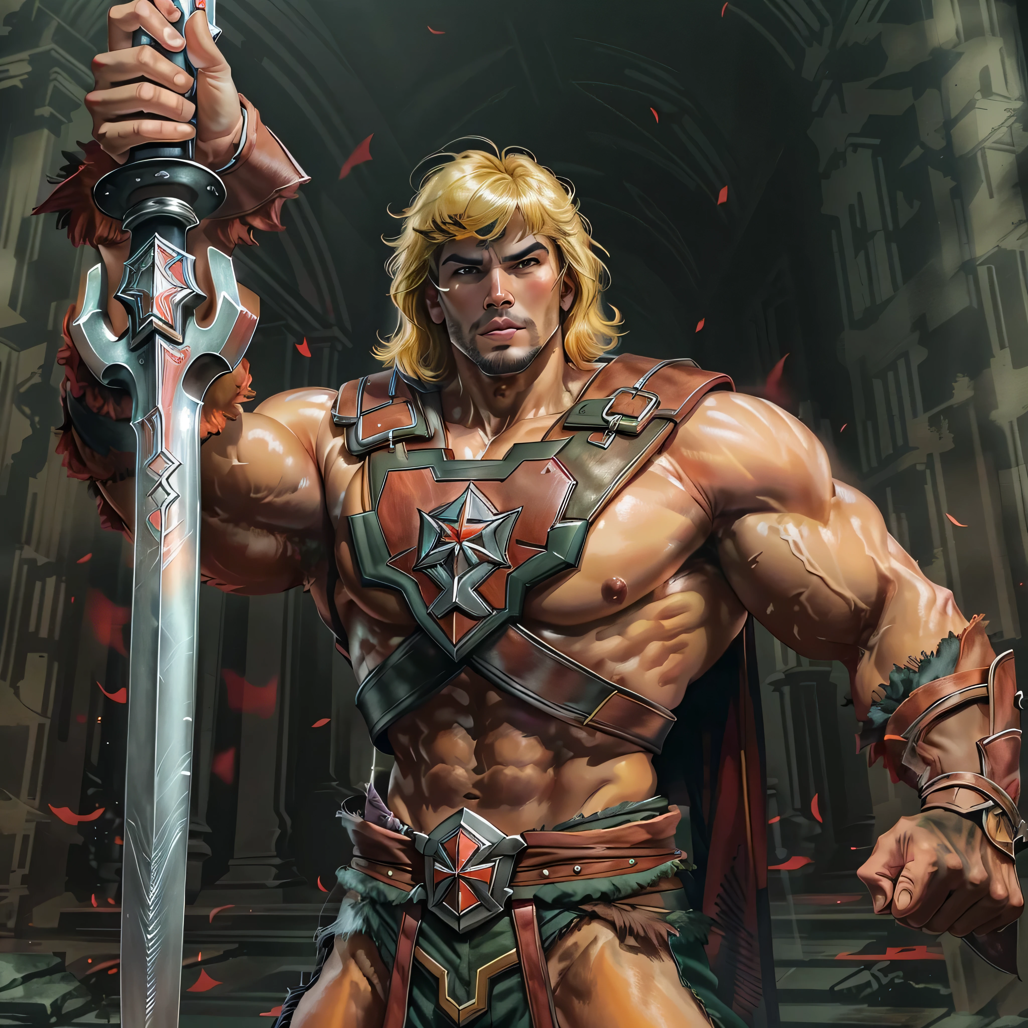 Heman holding up his sword of power, photo-realistic, octane render, unreal engine, ultra-realistic