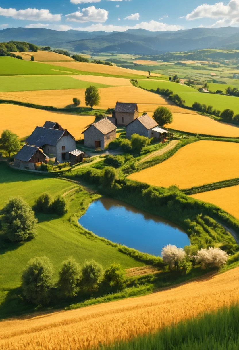 (best quality,4k,8k,high resolution,masterpiece:1.2),Super detailed,actual,photoactual:1.37,venue,Beautiful and detailed scenery,greening,peaceful atmosphere,rural scenery,farmland,bright colors,Sun-tanned and healthy complexion,harvest season,Farmer work,breeze,blue sky,thin clouds,fresh air,happy farmer,enjoy nature,Quiet environment,farm animals eating grass,Haystacks,rolling hills,endless venues,Wheat fields swaying,cloud shadow,Fertile soil,Clear water,Scenery,peaceful atmosphere,farmhouse in nature,Traditional agriculture,hardworking community,Community spirit,traditional method,Authentic country charm,natural beauty,dense vegetation,Country life,Living in harmony,Living in harmony,nature harmony,nature&#39;s gift,warm sunlight.