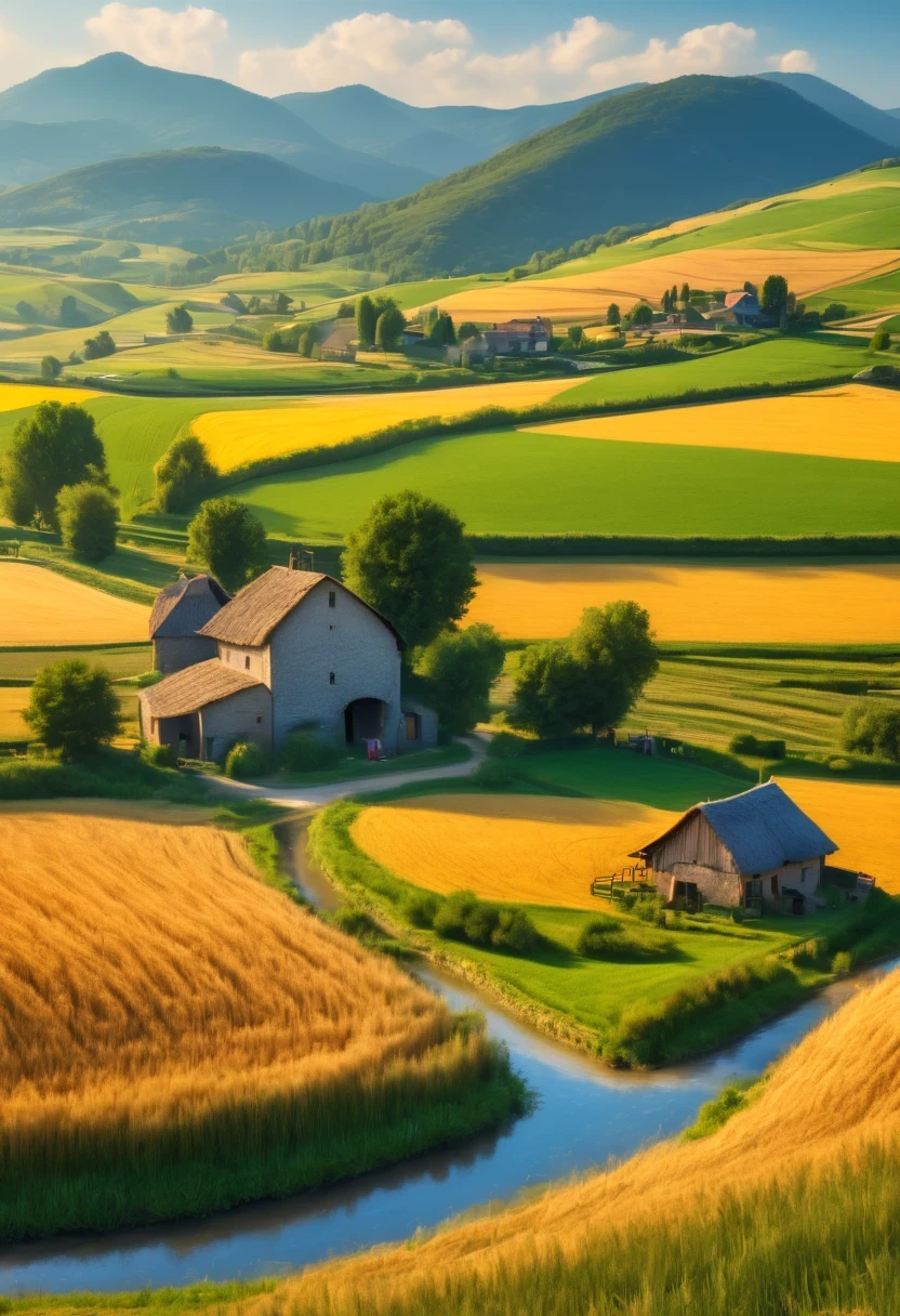 (best quality,4k,8k,high resolution,masterpiece:1.2),Super detailed,actual,photoactual:1.37,venue,Beautiful and detailed scenery,greening,peaceful atmosphere,rural scenery,farmland,bright colors,Sun-tanned and healthy complexion,harvest season,Farmer work,breeze,blue sky,thin clouds,fresh air,happy farmer,enjoy nature,Quiet environment,farm animals eating grass,Haystacks,rolling hills,endless venues,Wheat fields swaying,cloud shadow,Fertile soil,Clear water,Scenery,peaceful atmosphere,farmhouse in nature,Traditional agriculture,hardworking community,Community spirit,traditional method,Authentic country charm,natural beauty,dense vegetation,Country life,Living in harmony,Living in harmony,nature harmony,nature&#39;s gift,warm sunlight.