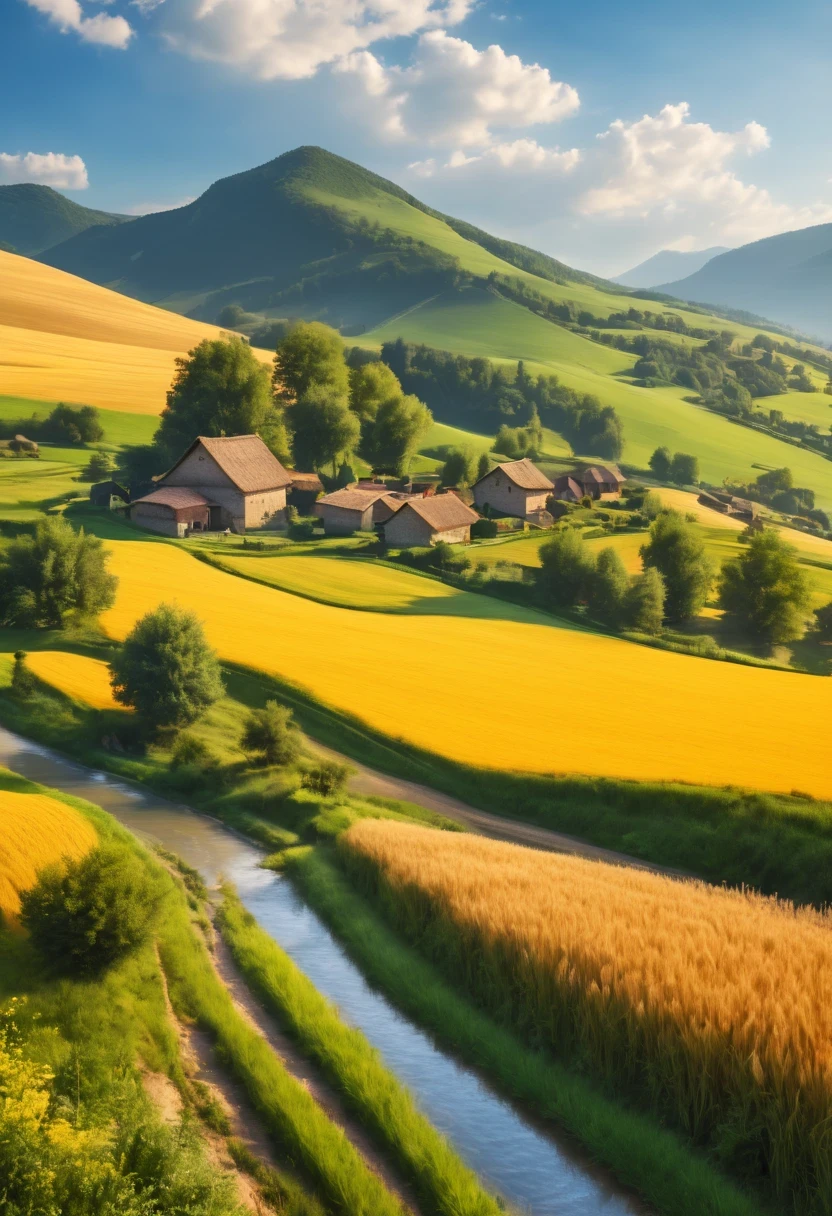 (best quality,4k,8k,high resolution,masterpiece:1.2),Super detailed,actual,photoactual:1.37,venue,Beautiful and detailed scenery,greening,peaceful atmosphere,rural scenery,farmland,bright colors,Sun-tanned and healthy complexion,harvest season,Farmer work,breeze,blue sky,thin clouds,fresh air,happy farmer,enjoy nature,Quiet environment,farm animals eating grass,Haystacks,rolling hills,endless venues,Wheat fields swaying,cloud shadow,Fertile soil,Clear water,Scenery,peaceful atmosphere,farmhouse in nature,Traditional agriculture,hardworking community,Community spirit,traditional method,Authentic country charm,natural beauty,dense vegetation,Country life,Living in harmony,Living in harmony,nature harmony,nature&#39;s gift,warm sunlight.