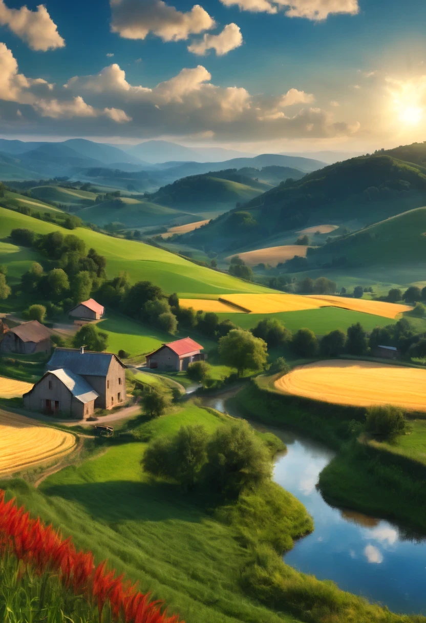 (best quality,4k,8k,high resolution,masterpiece:1.2),Super detailed,actual,photoactual:1.37,venue,Beautiful and detailed scenery,greening,peaceful atmosphere,rural scenery,farmland,bright colors,Sun-tanned and healthy complexion,harvest season,Farmer work,breeze,blue sky,thin clouds,fresh air,happy farmer,enjoy nature,Quiet environment,farm animals eating grass,Haystacks,rolling hills,endless venues,Wheat fields swaying,cloud shadow,Fertile soil,Clear water,Scenery,peaceful atmosphere,farmhouse in nature,Traditional agriculture,hardworking community,Community spirit,traditional method,Authentic country charm,natural beauty,dense vegetation,Country life,Living in harmony,Living in harmony,nature harmony,nature&#39;s gift,warm sunlight.
