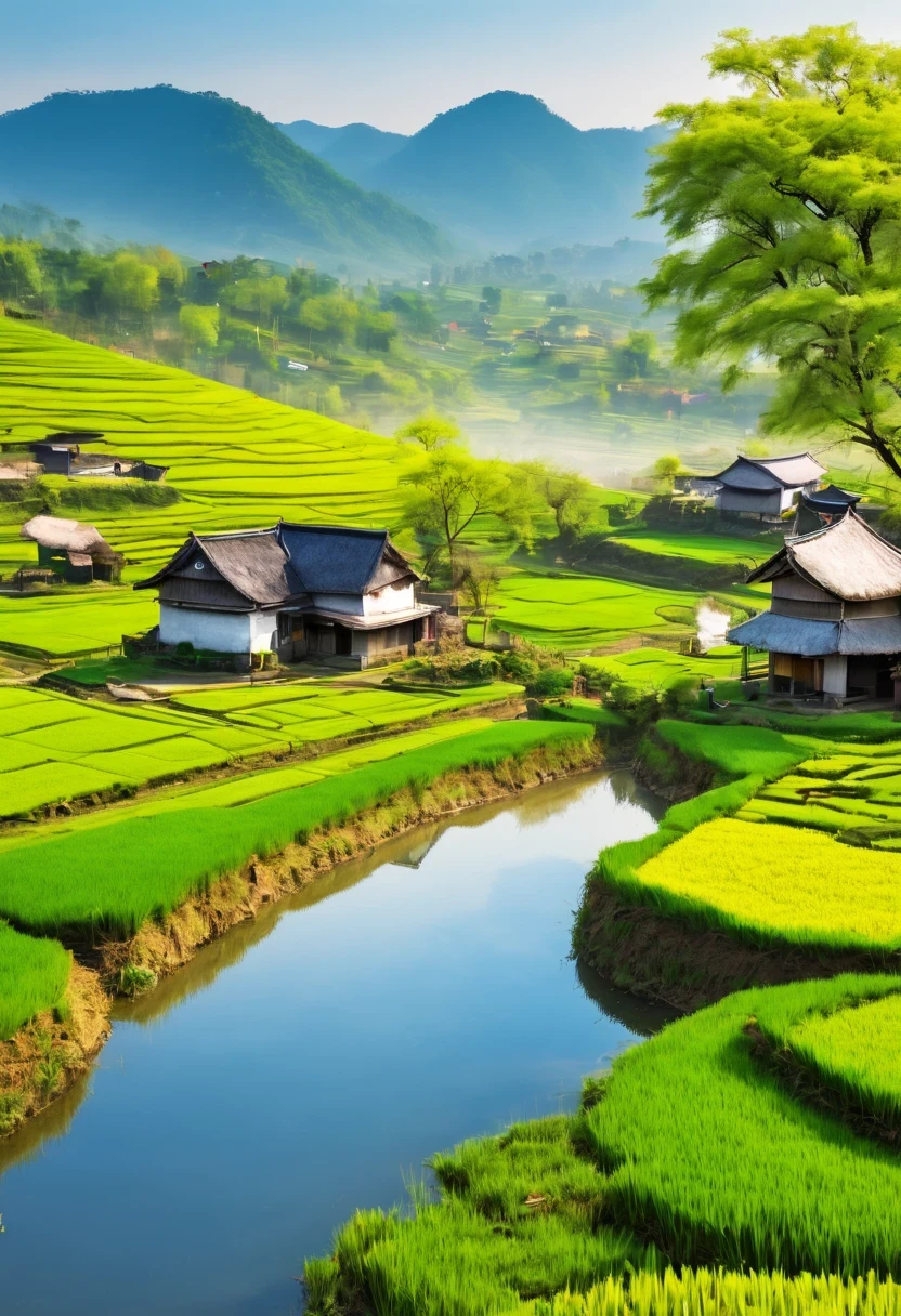 paddy，Rural life，Pastoral scenery，spring landscape