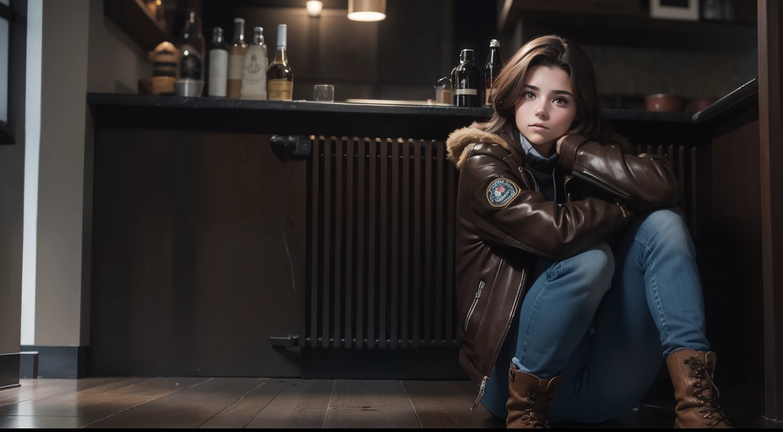 18 year old girl with medium brown hair and hazel eyes, wearing a jacket, jeans and boots. Shes in the lodge
