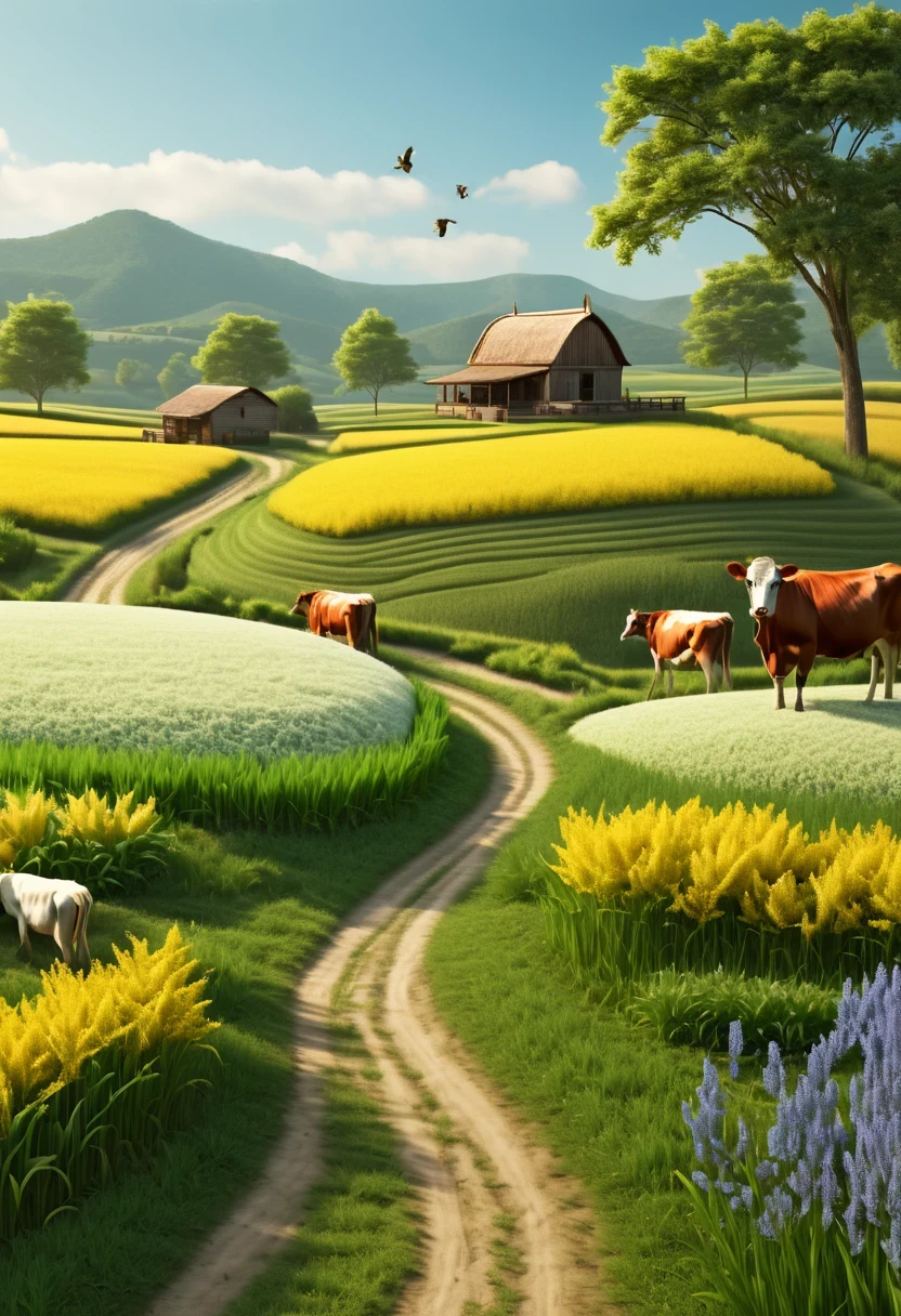 (best quality,4k,8k,high resolution,masterpiece:1.2),Super detailed,(actual,photoactual,photo-actual:1.37),paddy,rural area,rural landscape,spring landscape,beautiful blooming flowers,fresh green grass,clear blue sky,golden sunshine,bright colors,happy farmer,peaceful atmosphere,Peaceful and peaceful,picturesque scenery,the smell of nature,warm breeze,gently rolling hills,farm animals eating grass,Great content,traditional farming methods,harvest crops,bumper harvest,rich and prosperous,Farmers&#39; hard work,cultural and agricultural heritage,Old wooden farmhouse,traditional clothing,farmers cultivating fields,Celebrating nature’s gifts,Farm to table concept,balanced ecosystem,distant birds chirping,The soft sound of the rustling of leaves,symphony of nature,fresh air,happy calm,Immerse yourself in the beauty of nature.