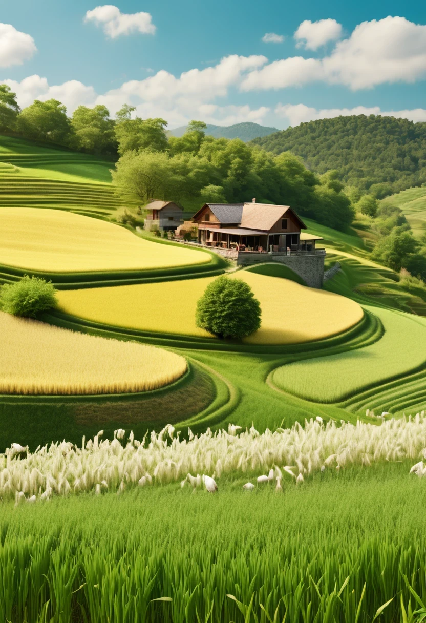 (best quality,4k,8k,high resolution,masterpiece:1.2),Super detailed,(actual,photoactual,photo-actual:1.37),paddy,rural area,rural landscape,spring landscape,beautiful blooming flowers,fresh green grass,clear blue sky,golden sunshine,bright colors,happy farmer,peaceful atmosphere,Peaceful and peaceful,picturesque scenery,the smell of nature,warm breeze,gently rolling hills,farm animals eating grass,Great content,traditional farming methods,harvest crops,bumper harvest,rich and prosperous,Farmers&#39; hard work,cultural and agricultural heritage,Old wooden farmhouse,traditional clothing,farmers cultivating fields,Celebrating nature’s gifts,Farm to table concept,balanced ecosystem,distant birds chirping,The soft sound of the rustling of leaves,symphony of nature,fresh air,happy calm,Immerse yourself in the beauty of nature.