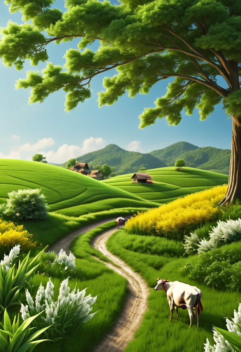 (best quality,4k,8k,high resolution,masterpiece:1.2),Super detailed,(actual,photoactual,photo-actual:1.37),paddy,rural area,rural landscape,spring landscape,beautiful blooming flowers,fresh green grass,clear blue sky,golden sunshine,bright colors,happy farmer,peaceful atmosphere,Peaceful and peaceful,picturesque scenery,the smell of nature,warm breeze,gently rolling hills,farm animals eating grass,Great content,traditional farming methods,harvest crops,bumper harvest,rich and prosperous,Farmers&#39; hard work,cultural and agricultural heritage,Old wooden farmhouse,traditional clothing,farmers cultivating fields,Celebrating nature’s gifts,Farm to table concept,balanced ecosystem,distant birds chirping,The soft sound of the rustling of leaves,symphony of nature,fresh air,happy calm,Immerse yourself in the beauty of nature.