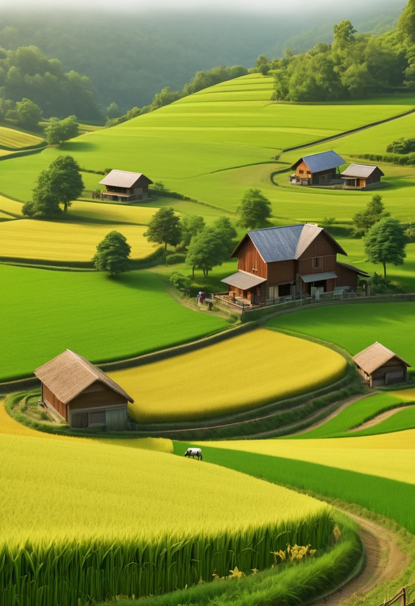 (best quality,4k,8k,high resolution,masterpiece:1.2),Super detailed,(actual,photoactual,photo-actual:1.37),paddy,rural area,rural landscape,spring landscape,beautiful blooming flowers,fresh green grass,clear blue sky,golden sunshine,bright colors,happy farmer,peaceful atmosphere,Peaceful and peaceful,picturesque scenery,the smell of nature,warm breeze,gently rolling hills,farm animals eating grass,Great content,traditional farming methods,harvest crops,bumper harvest,rich and prosperous,Farmers&#39; hard work,cultural and agricultural heritage,Old wooden farmhouse,traditional clothing,farmers cultivating fields,Celebrating nature’s gifts,Farm to table concept,balanced ecosystem,distant birds chirping,The soft sound of the rustling of leaves,symphony of nature,fresh air,happy calm,Immerse yourself in the beauty of nature.