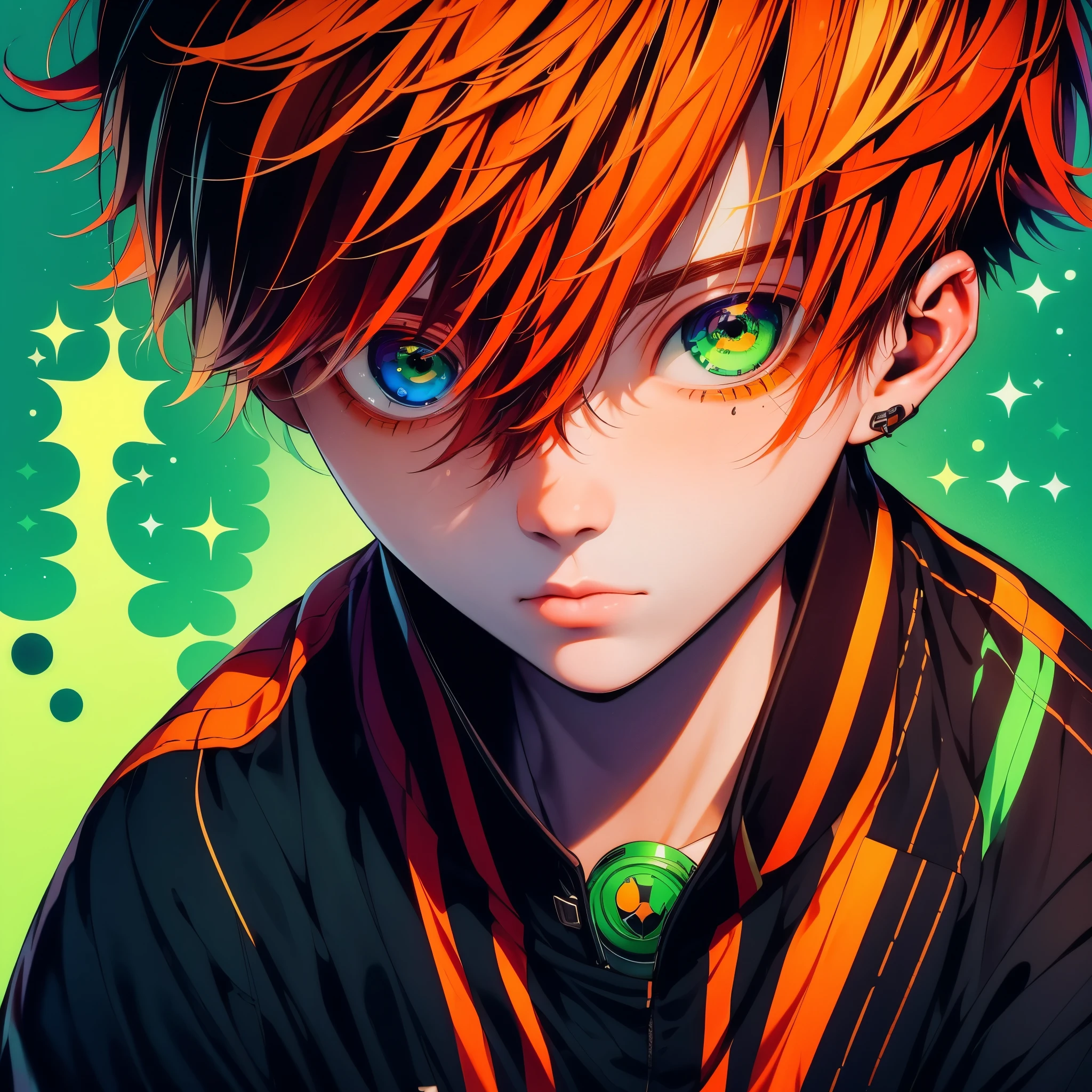 (1boy,masculino,(alone),orange hair),soccer uniform , heterochromia , one eye green , one eye purple