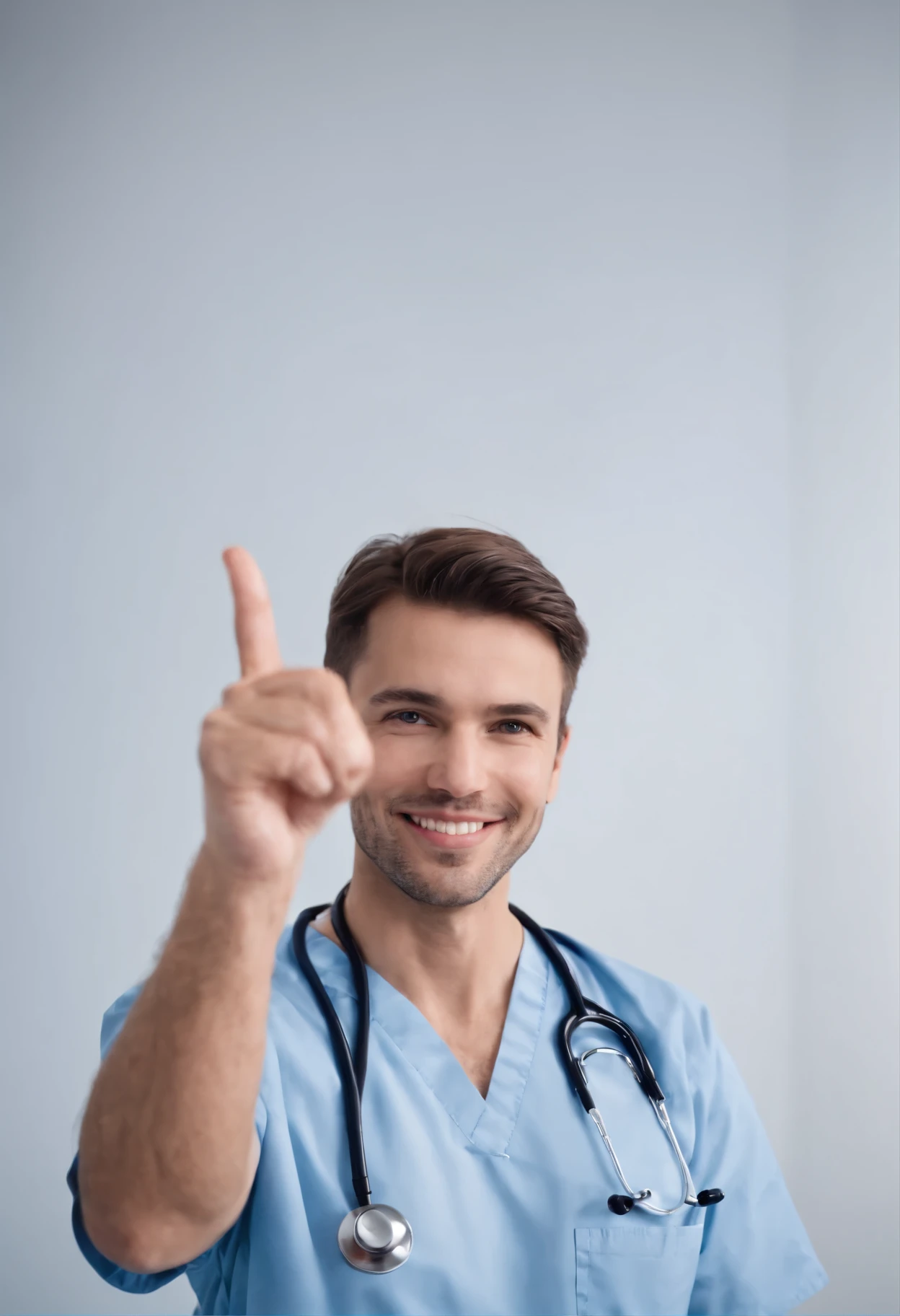 **A doctor in uniform and stethoscope looking at the camera, smile and with arm raised and index finger pointing to the side
