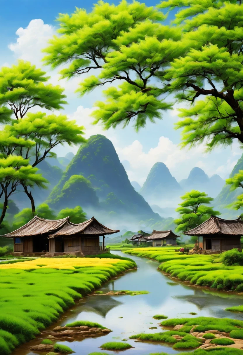 paddy，rural area，Pastoral scenery，spring landscape