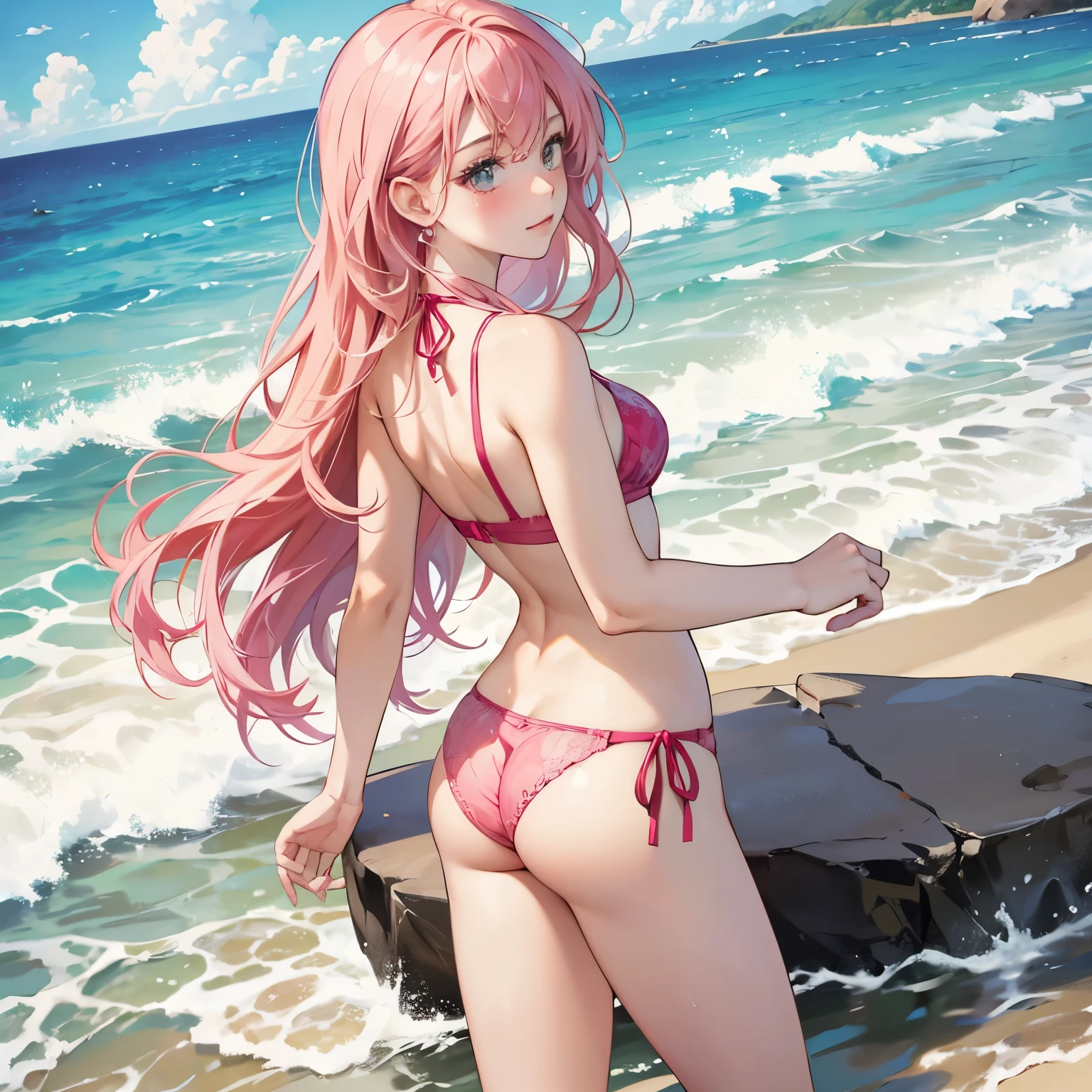 Masterpiece, best quality, highres, girl with pink hair at a beach in the water, face is red and acting flustered because her bikini is too small on her body, ass pose, ass sticking out, lacey underwear.