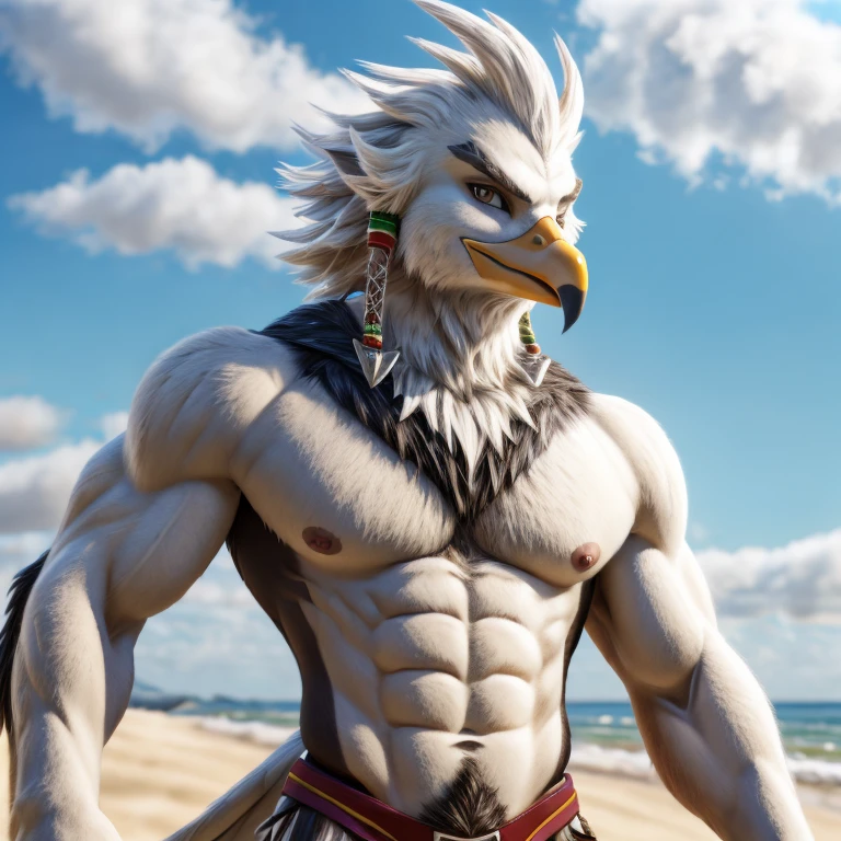 zelda breath of the wild,Teba,male,Birdman,aldult,alone,4K,best quality,white fur,,looking at the audience,slim body,bird tail,Upper body exposed,bare chest,Hairy chest,pink nipples,Six-pack abs, biceps,anatomically correct,Delicate fur,pride,soft shadow,Majestic detailed face,High quality eyes,brown eyes,black pupils,,Grandiose,brave,Red thong,Confident smile,Strong,mature,Blue sky and white clouds,,seaside,coastal,beach