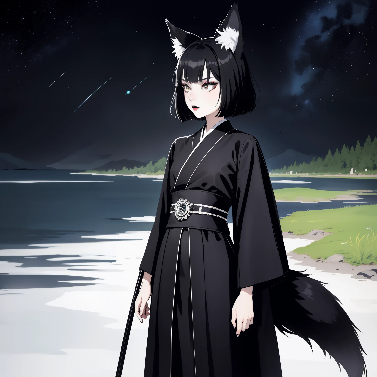 superflat, flat shading, flat colors, masterpiece, best quality, 1girl, , 12yo, slim,ll breast, black straight hair, black fox ears, (big black fox tail), (goth makeup), goth black kimono with white ornate, standing, river, grassy hills, (black starry sky:1.2), best shadows, rays of sunlight, watercolor, dark, black