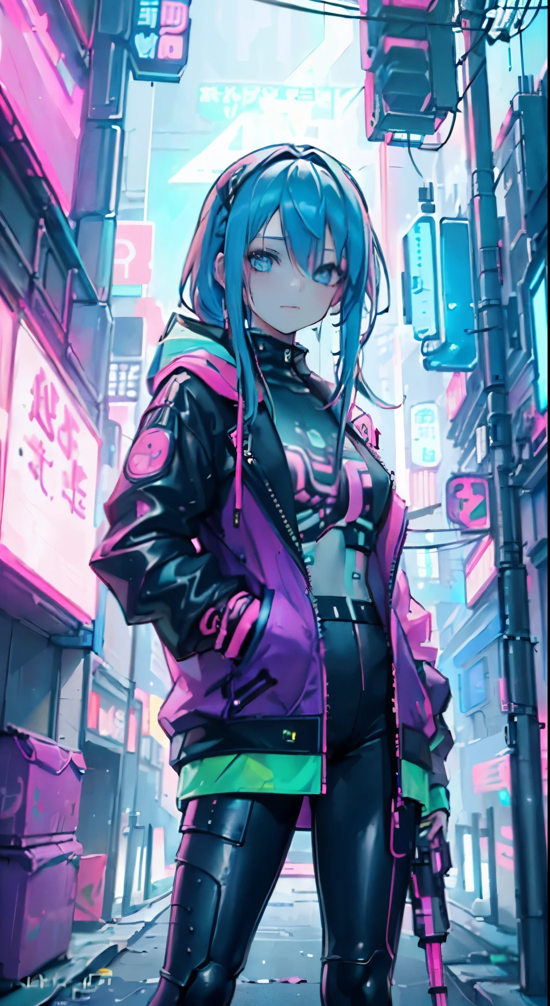 (1 girl:1.4),(wearing leggings),(blue eyes),([pink|green] hair:1.5),transformer,((hair飘动1.2))，(rich and colorful:1.5),(Highest detail pole modifications:1.3),(Corrected:1.2),(neon city:1.5),Wearing reflective sunglasses,(cyberpunk:1.4),holding an umbrella in her hand，Film Photography 4 Kodak Portra 400 Camera F1.2 Lenses with rich colors
