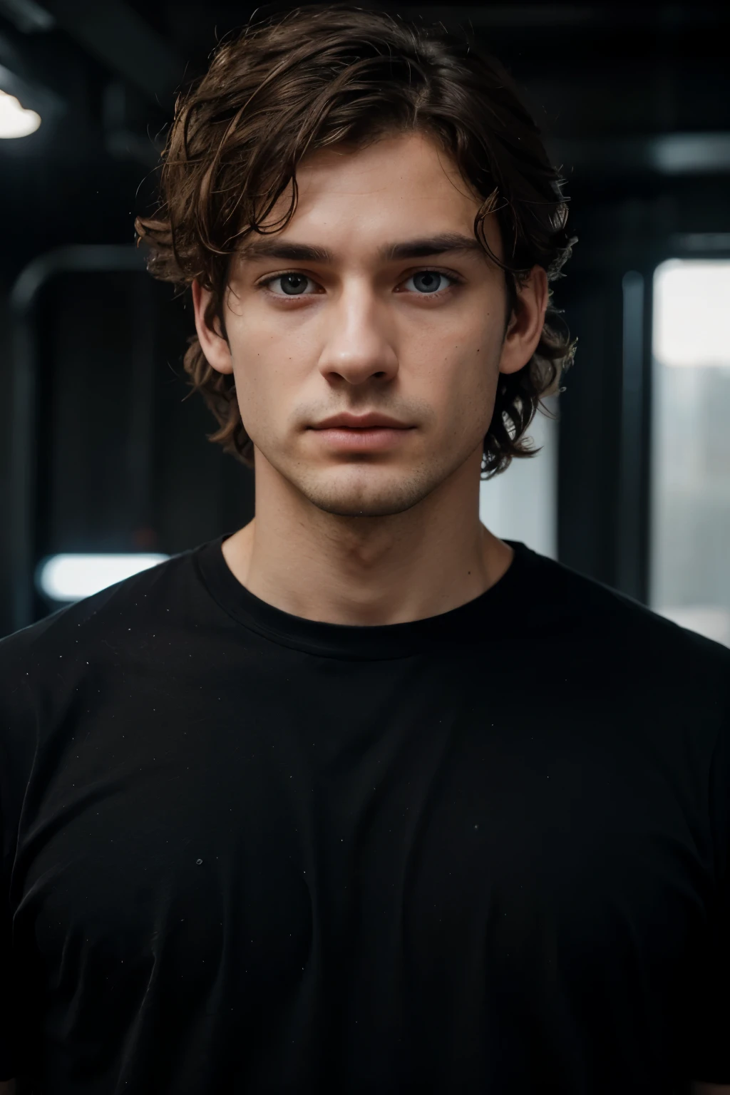 29 years old man, brown hair, a little curly hair, neck-leght hair, really messy hair, bushy hair, thin lower lip, pale skin color, extreme white skin, light skin, uptorned eyes, large eyes, blue eye with brown moire, long eyelashes, tired looking face, serious face, skinny body, well-built body, 182 cm height, tiny nose, a little stubble chin, soft facial feautures, wearing black t-shirt, dark concept, dark lightning space, extremely realistic
