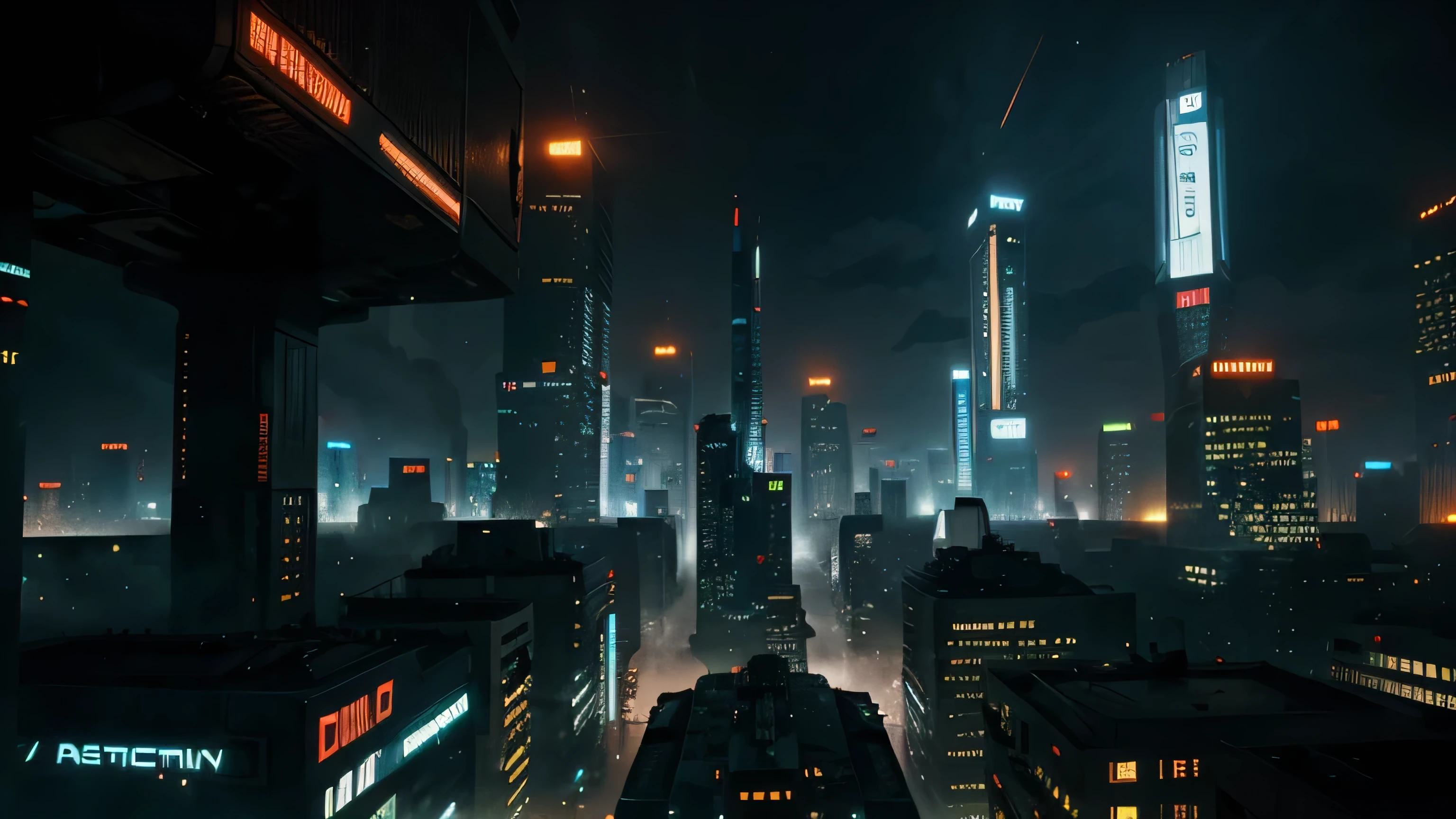 (High view). There's a cyborg woman (8k) wearing a futuristic leotard (best quality) standing in a cyberpunk city alley at night, darksynth aesthetic, red neons, haze, 1drone, foggy night, ultra detailed, photorealistic, (1girl, solo, alone), large-breast:1.2 slim body, cleavage:1.1, (black sunglasses), (holding a pistol), half-body thigh level medium shot, cinematic lighting, ray tracing.