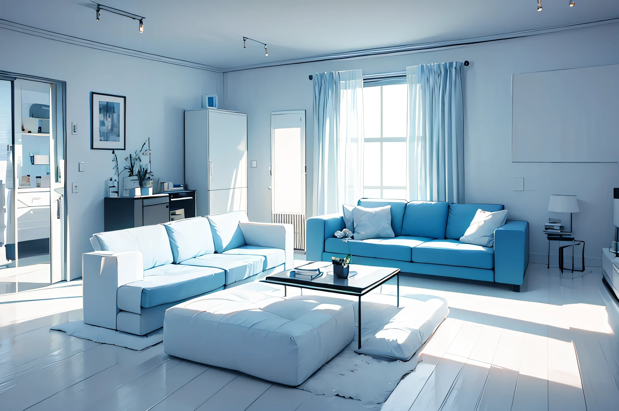 The room has a light blue sofa and a white table.., Minimal design, modern, minimalist interior design, modern minimalist, modern and minimalist, minimal modern, apartment design, modern interior design, interior, modern Minimal design, empty solid wall