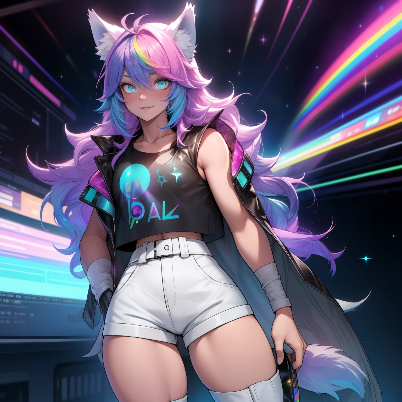 a short, skinny, galactic space young boy wearing a leather rainbow trench coat with a peacock inspired design, glowing blue eyes, wearing cropped t-shirt, flat chested, flat chest (SUPER FLAT CHEST) has wolf ears and a wolf tail, wide hips, pink lips, thick thighs, has long wavy rainbow gradient colored sparkly hair, twink, happy, blushing, flustered, showing thighs, wearing thigh high boots, wearing short shorts, curvy, solo, alone, (SOLO)(ALONE), has long wavy rainbow gradient colored sparkly hair