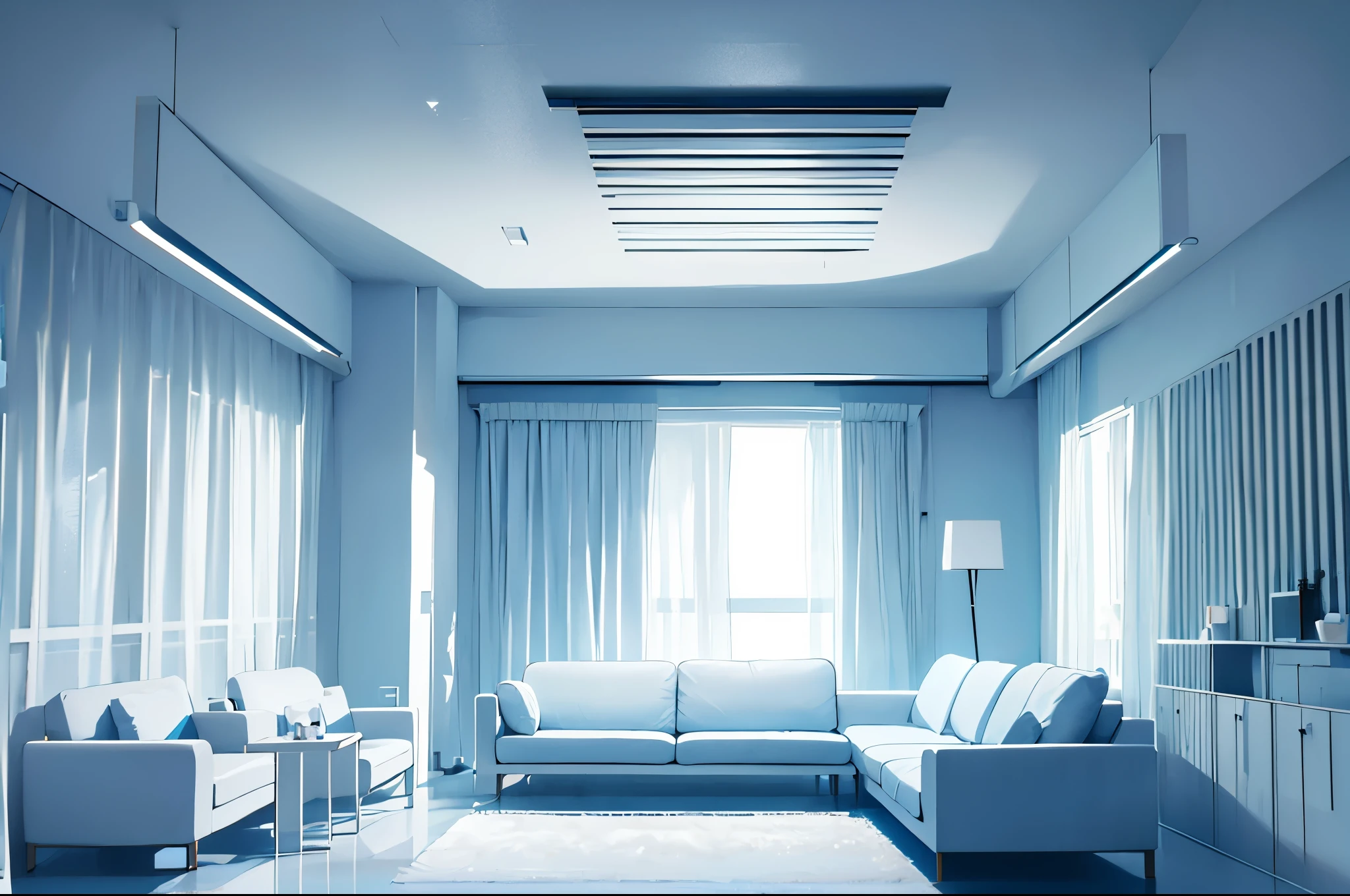 The room has a light blue sofa and a white table., minimal design, modern, minimalist interior design, modern minimalist, modern and minimalist, minimal modern, apartment design, modern interior design, interior, modern minimal design, empty solid wall