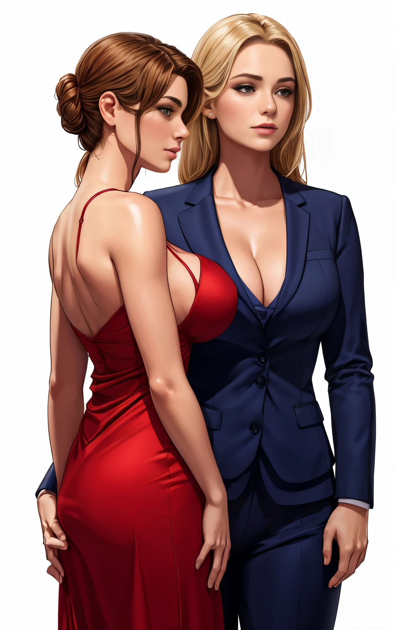 2girls, woman in red dress, woman in business suit, cleavage, lesbian
