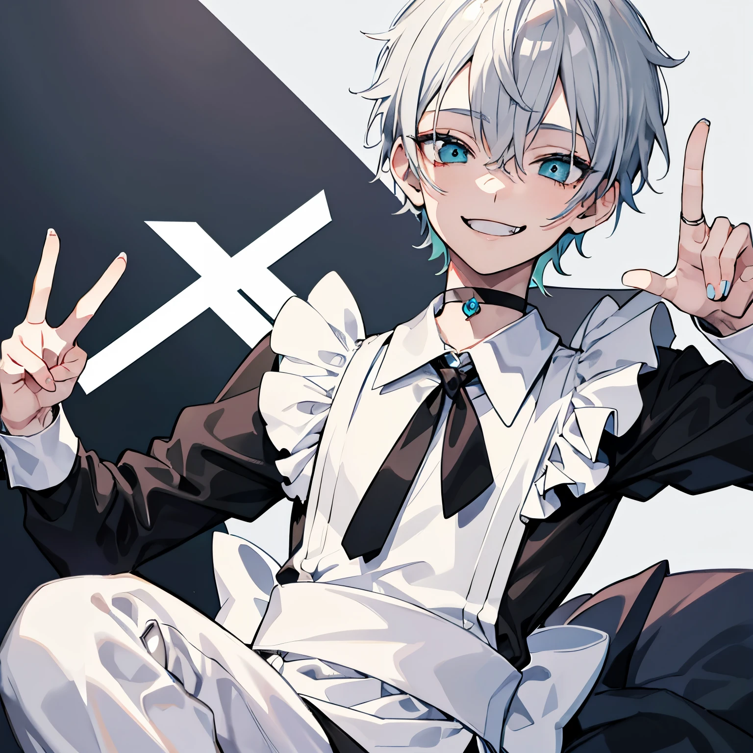 a boy, maid, happy, evil smiling, wink, making a peace sign, very short hair, gray hair, aqua eyes, droopy eyes, tanned skin, choker, boyish