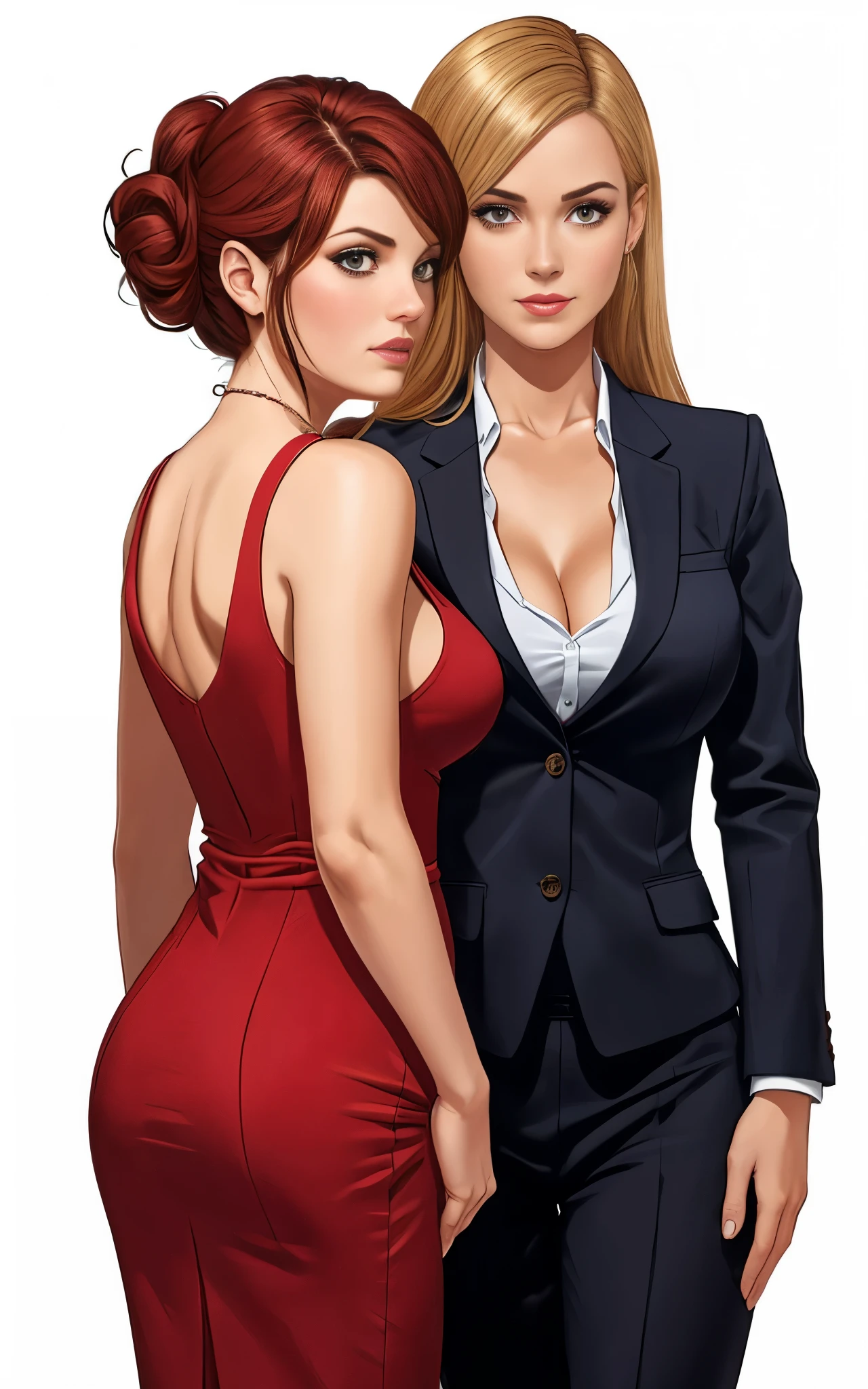 2girls, woman in red dress, woman in business suit, , lesbian