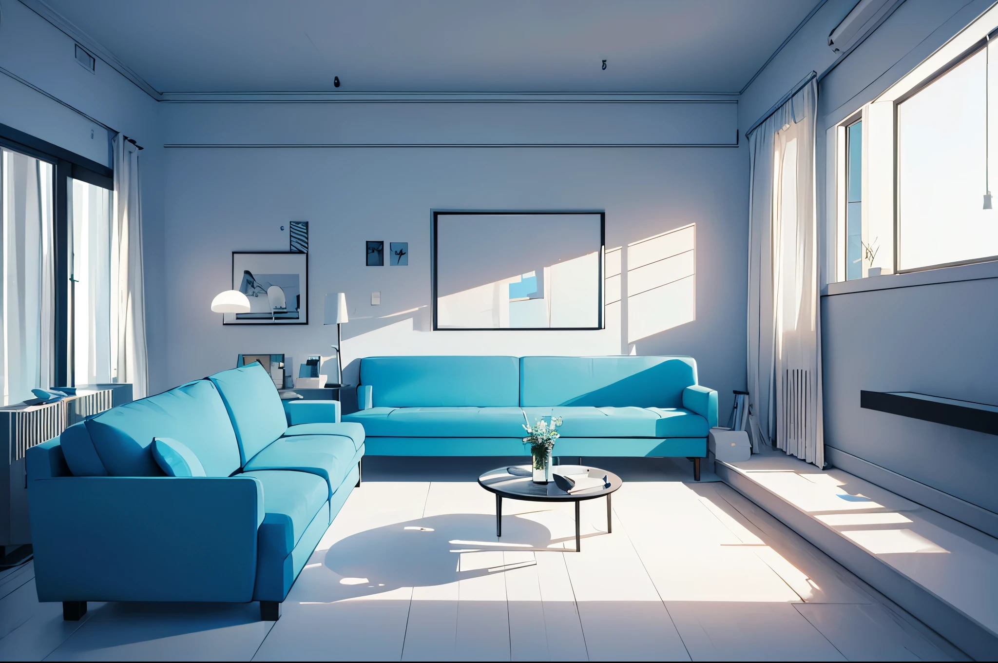 The room has a light blue sofa and a white table., minimal design, modern, minimalist interior design, modern minimalist, modern and minimalist, minimal modern, apartment design, modern interior design, interior, modern minimal design, empty solid wall