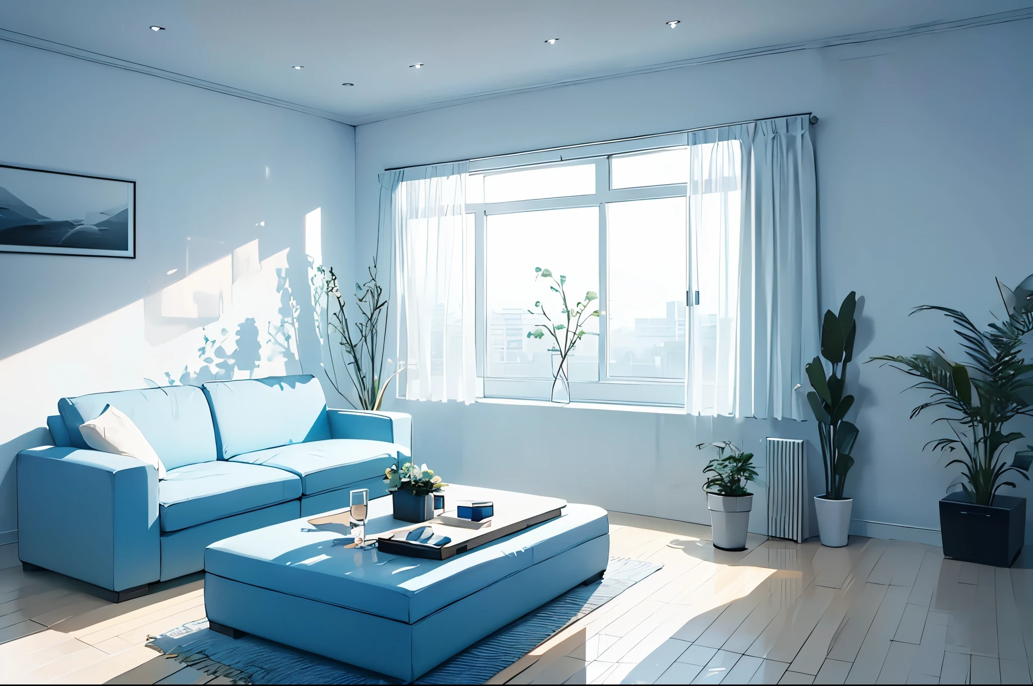 The room has a light blue sofa and a white table., minimal design, modern, minimalist interior design, modern minimalist, modern and minimalist, minimal modern, apartment design, modern interior design, interior, modern minimal design, empty solid wall