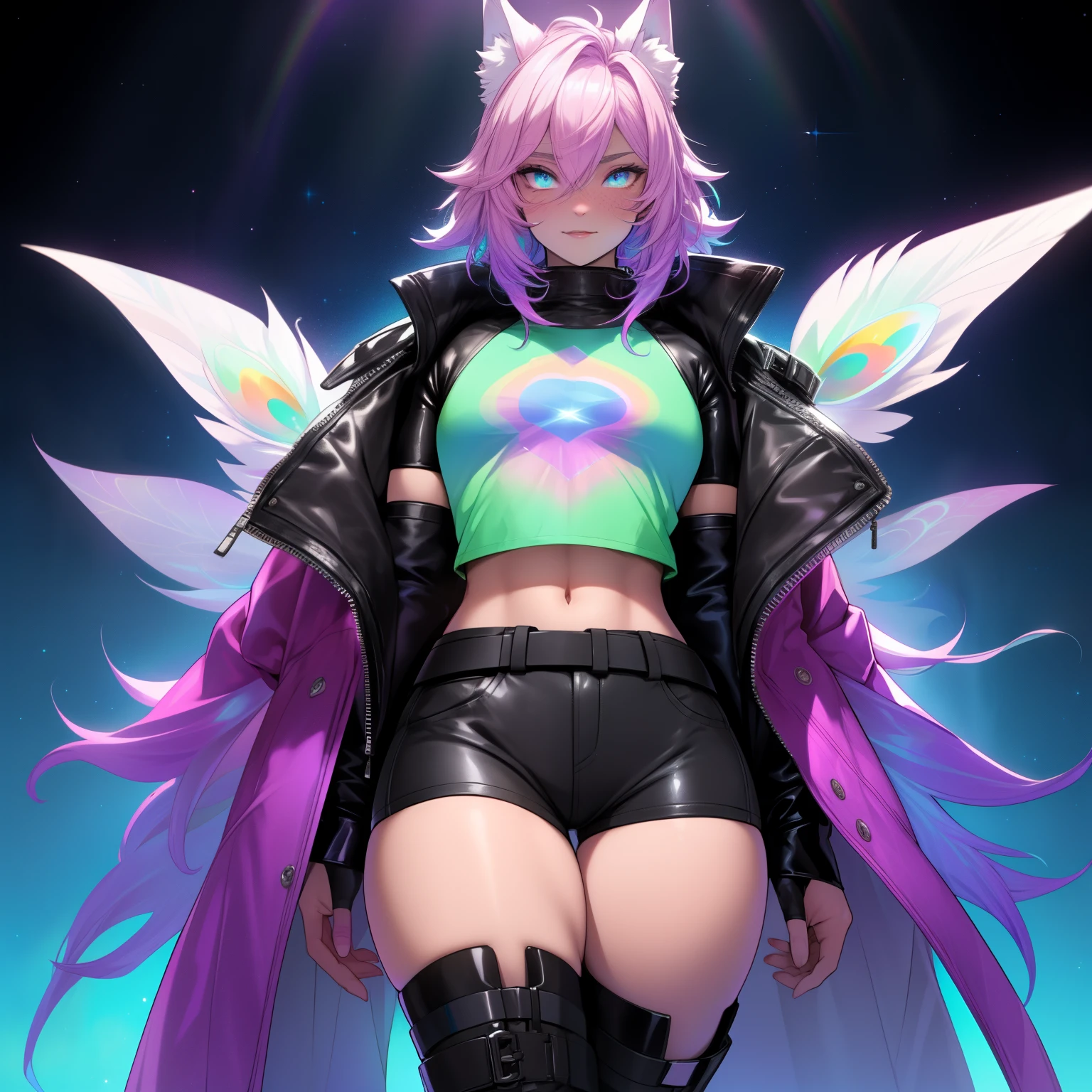 a short, skinny, galactic space young boy wearing a leather rainbow trench coat with a peacock inspired design, glowing blue eyes, wearing cropped t-shirt, flat chested, flat chest (SUPER FLAT CHEST) has wolf ears and a wolf tail, wide hips, pink lips, thick thighs, has long wavy rainbow gradient colored sparkly hair, twink, happy, blushing, flustered, showing thighs, wearing thigh high boots, wearing short shorts, curvy, solo, alone, (SOLO)(ALONE), has long wavy rainbow gradient colored sparkly hair