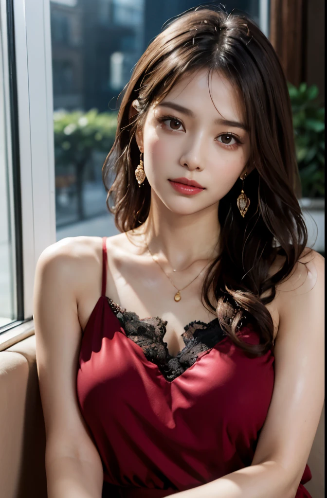 8k, RAW photo, fujifilm, Beautiful 45 year old woman style photo, square face, red rose on neck, wearing a red and black lace dress, gold earrings, Strong features like a spinning pigeon, (highly detailed skin: 1.2), light medium brown hair, film grain, 35mm, cute style、(dripping sweat、oil skin,sparkling skin、realistic skin texture、detailed beautiful skin、shiny skin、shiny skin)、(full shot:1.8)、beautiful feet、Amitants、